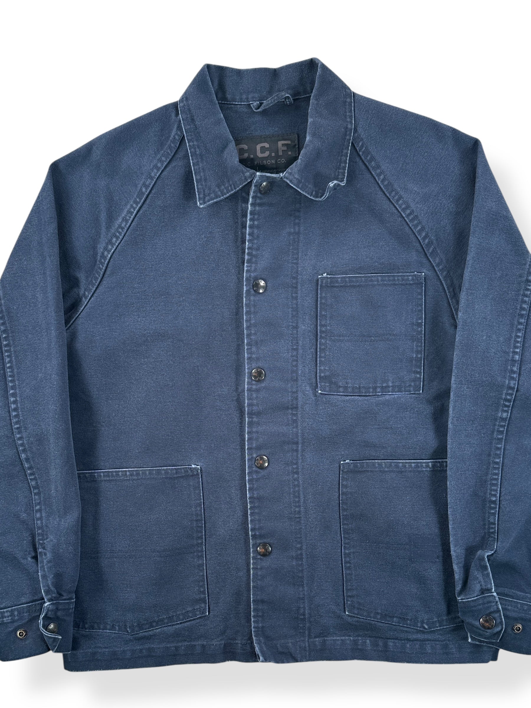 Front Close Up of Modern Filson Canvas Navy Blue Chore Coat SZ S