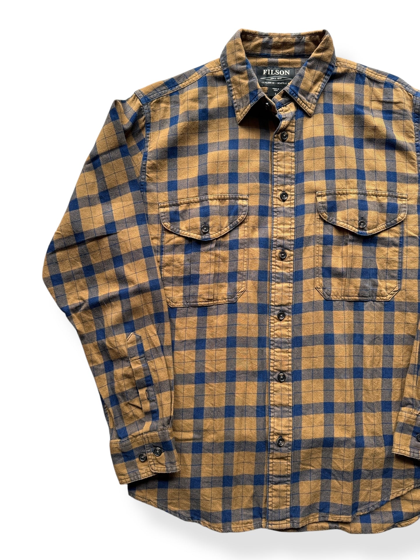 Front Right of Filson Brown Blue Plaid Cotton Shirt SZ S