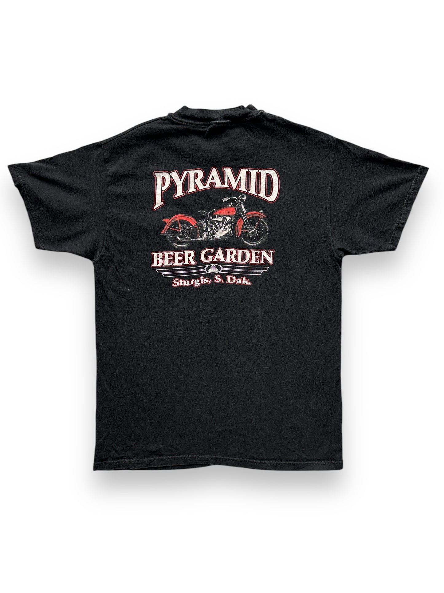 back of Vintage Sturgis Pyramid Beer Garden Pocket Tee SZ M