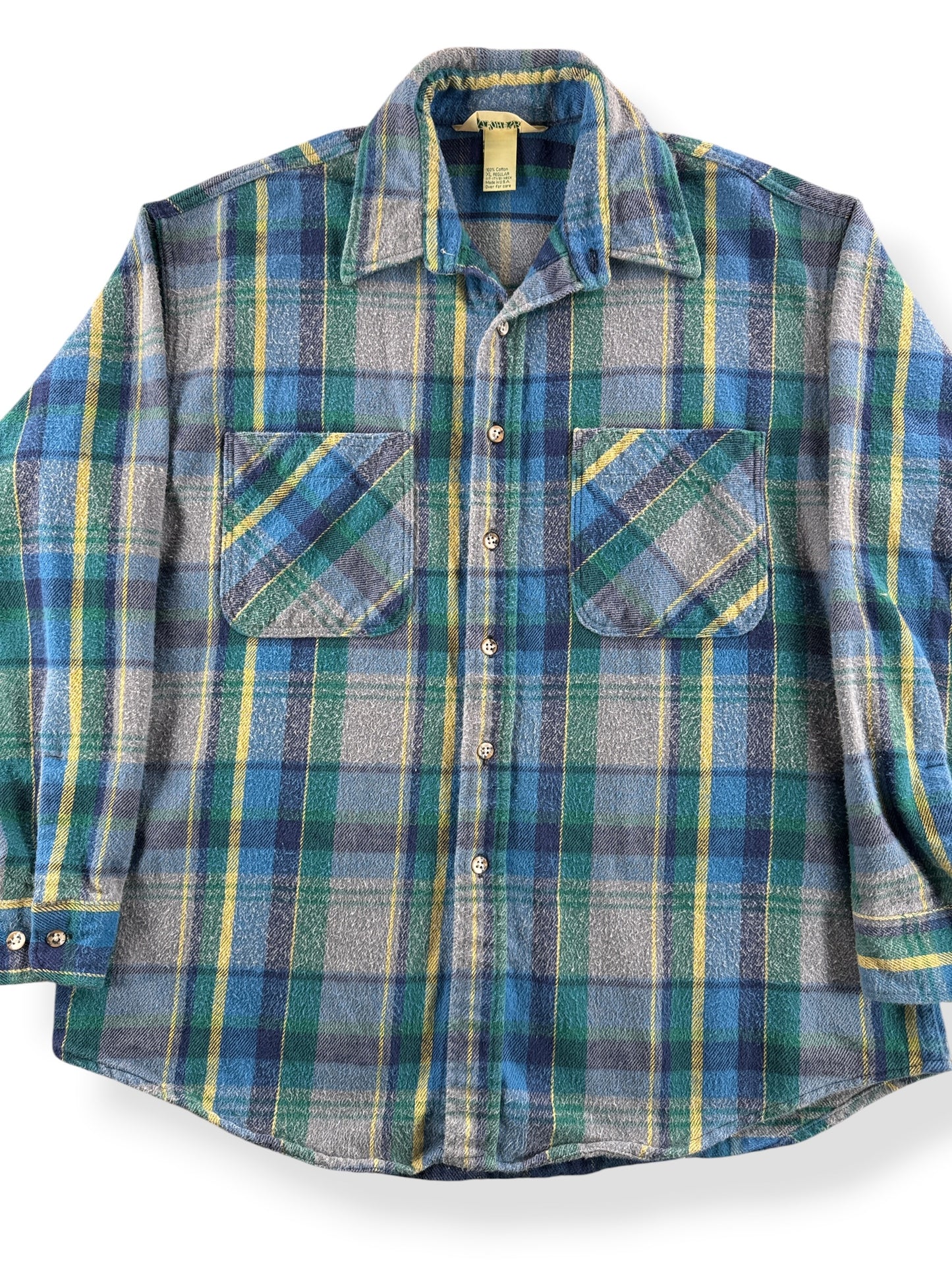 Close up of front on Vintage St John's Bay Gray Blue Green Cotton Flannel