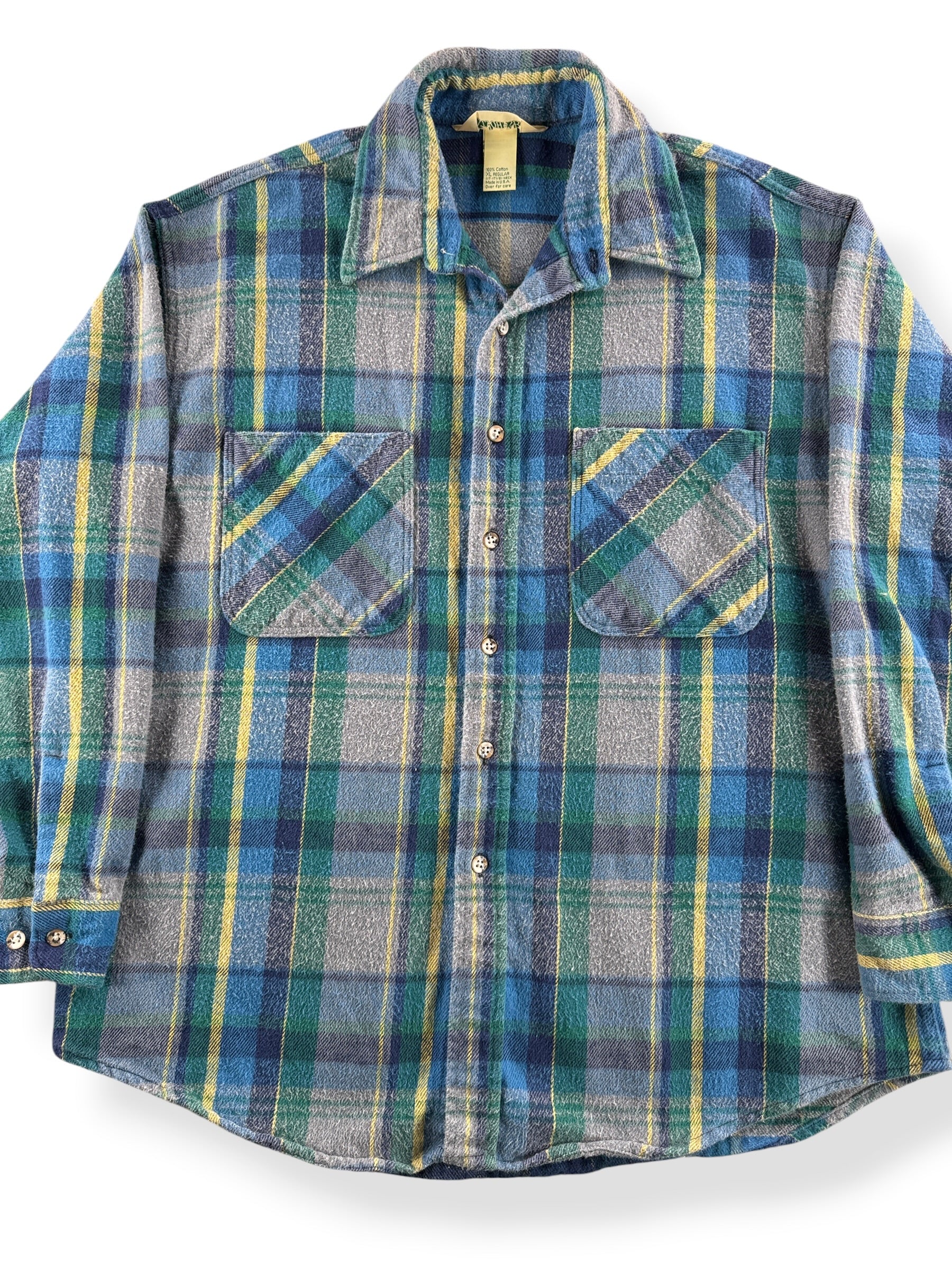 Close up of front on Vintage St John's Bay Gray Blue Green Cotton Flannel