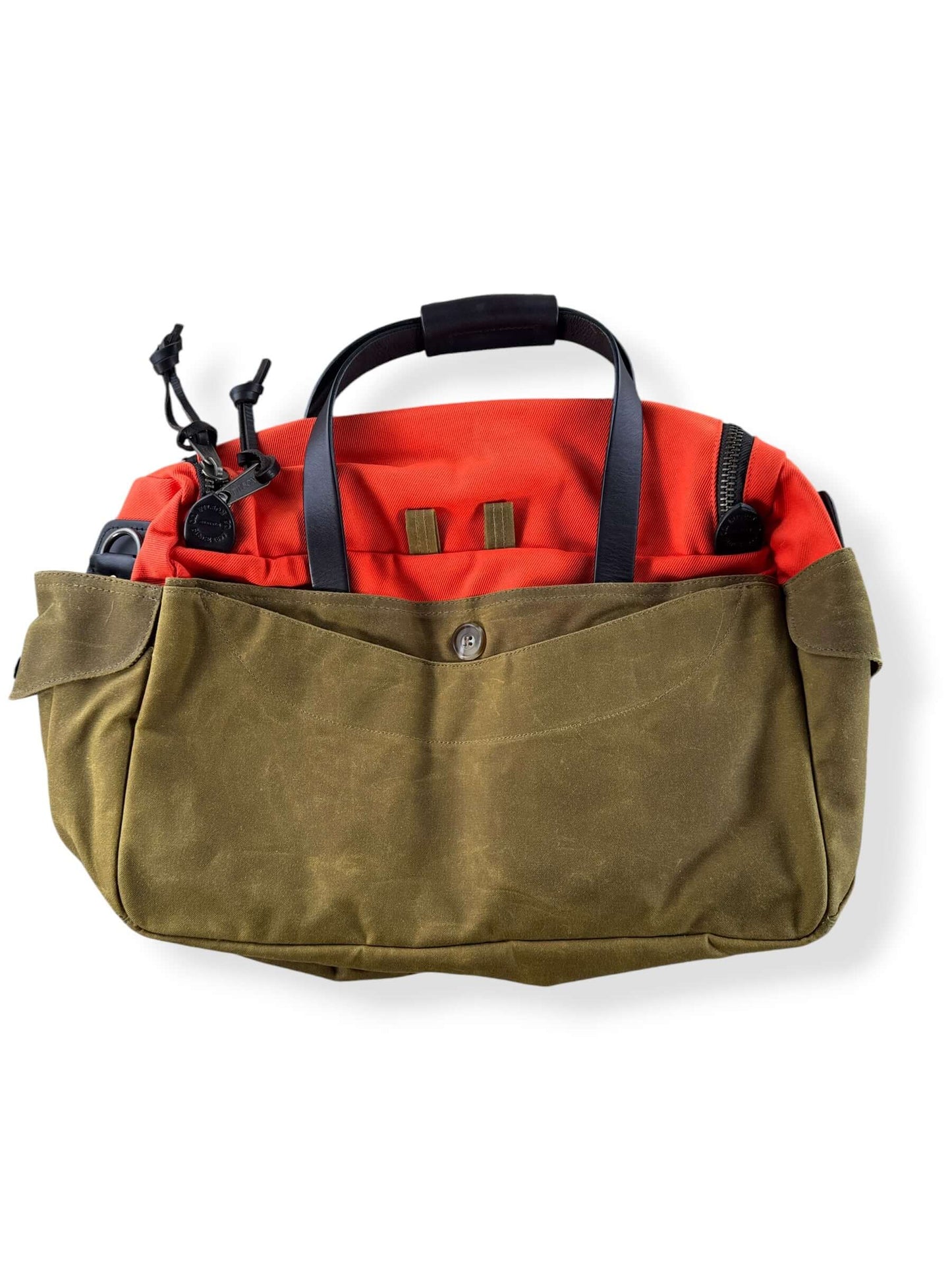 Back of Filson Heritage Sportsman Bag Orange Dark Tan NWOT