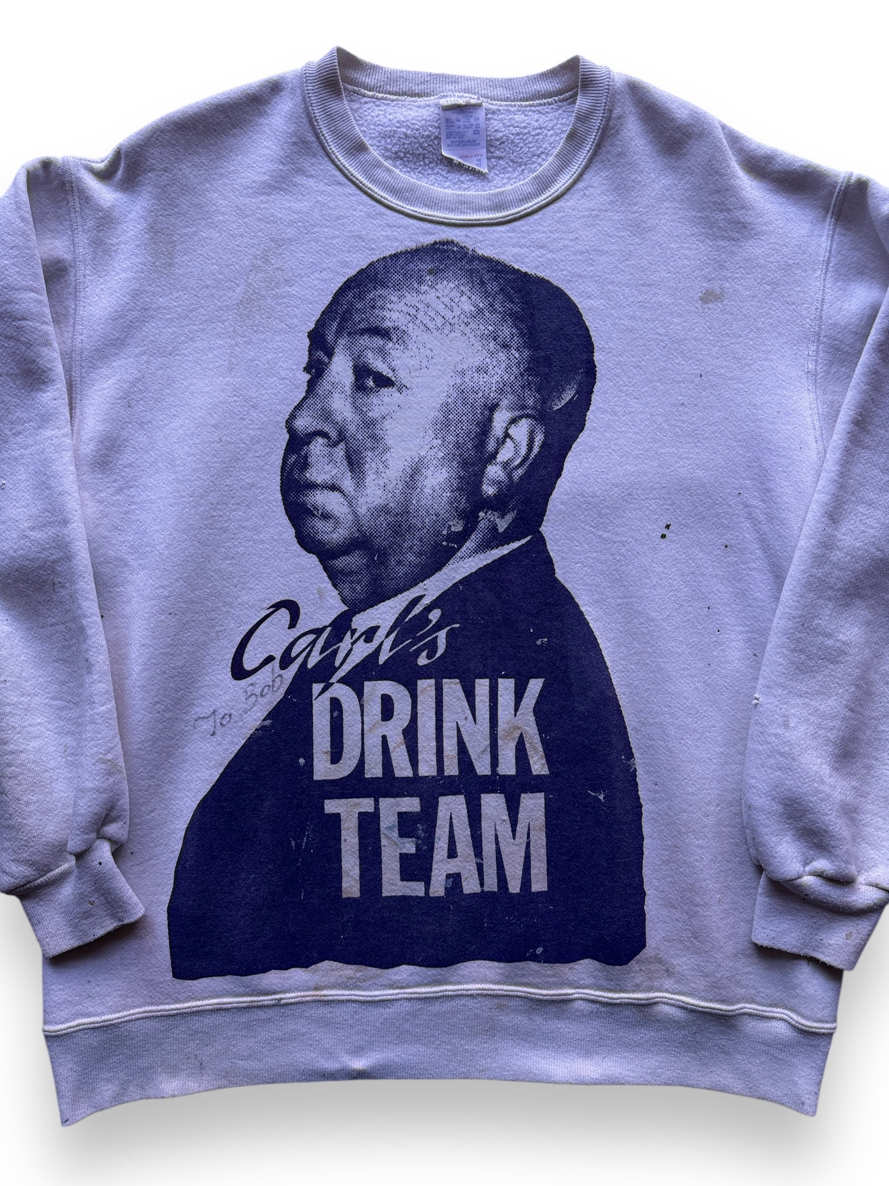 front close up of Vintage Distressed Carl's Drink Team Hitchcock Crewneck SZ XL