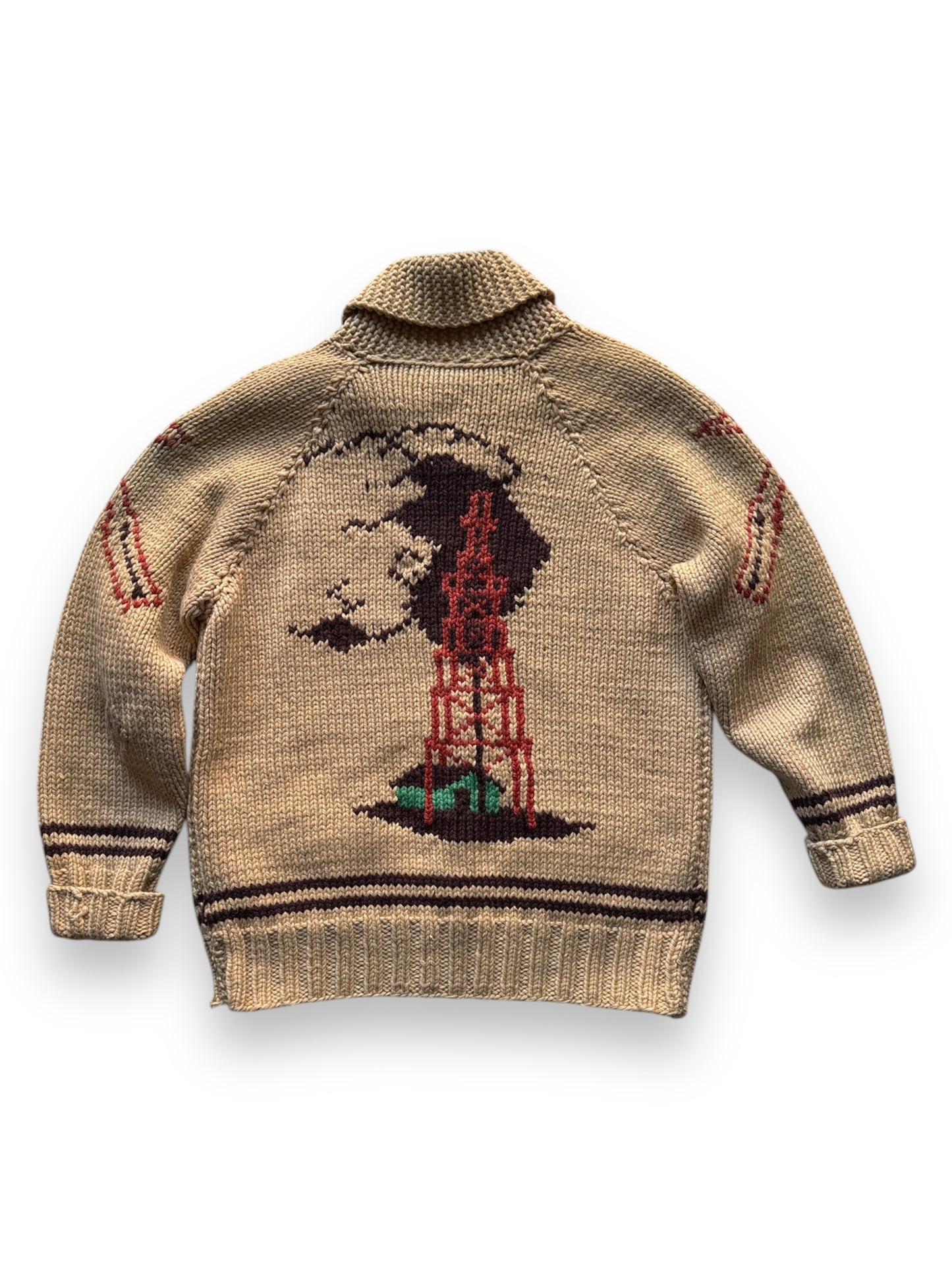 Rear View of Vintage Oil Derrick Themed Cowichan Style Sweater SZ M