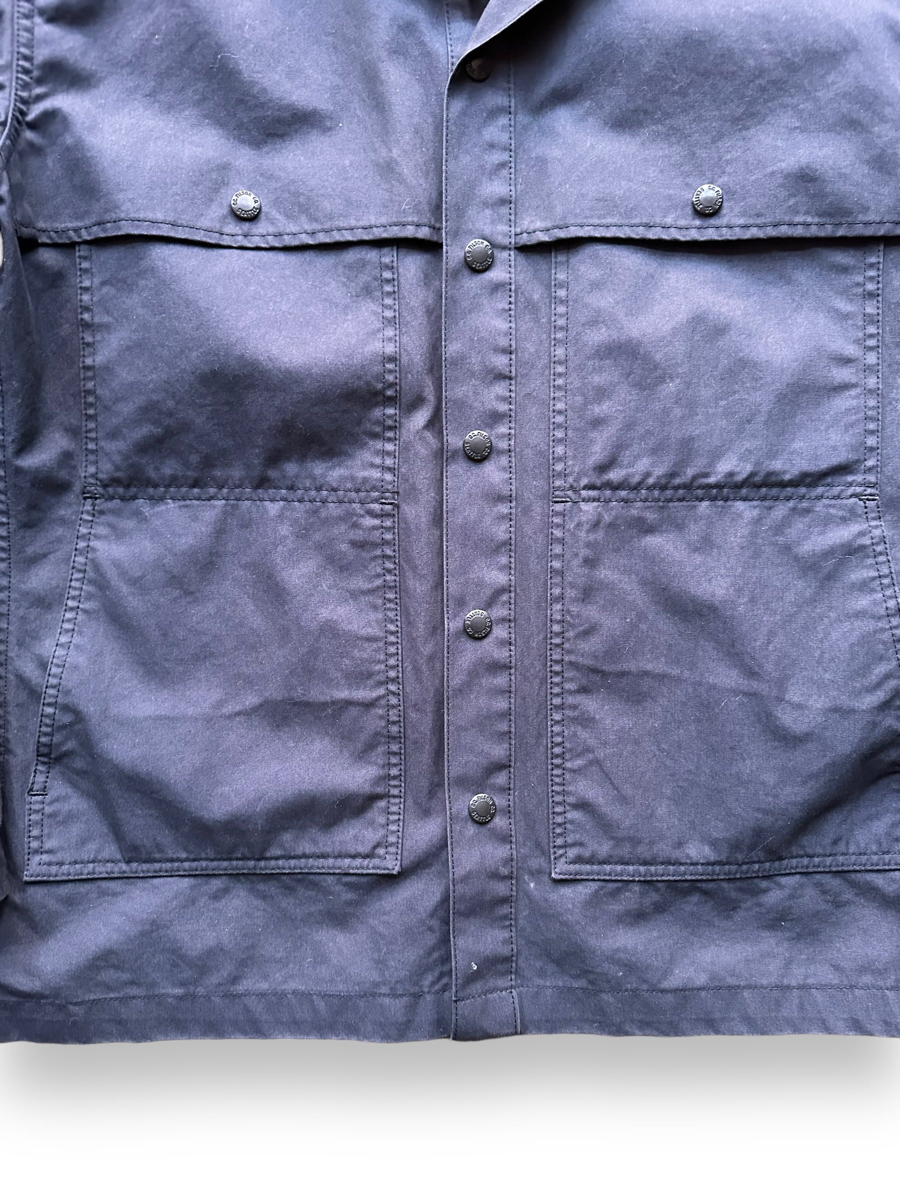 Lower Front Chest View of Filson Midnight Navy Cruiser SZ S |  Barn Owl Vintage Goods | Filson Bargain Outlet Seattle