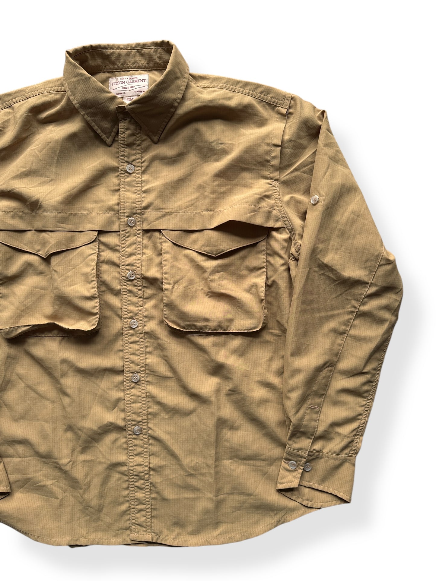 Front Left of Filson Yellow Angler Shirt SZ M