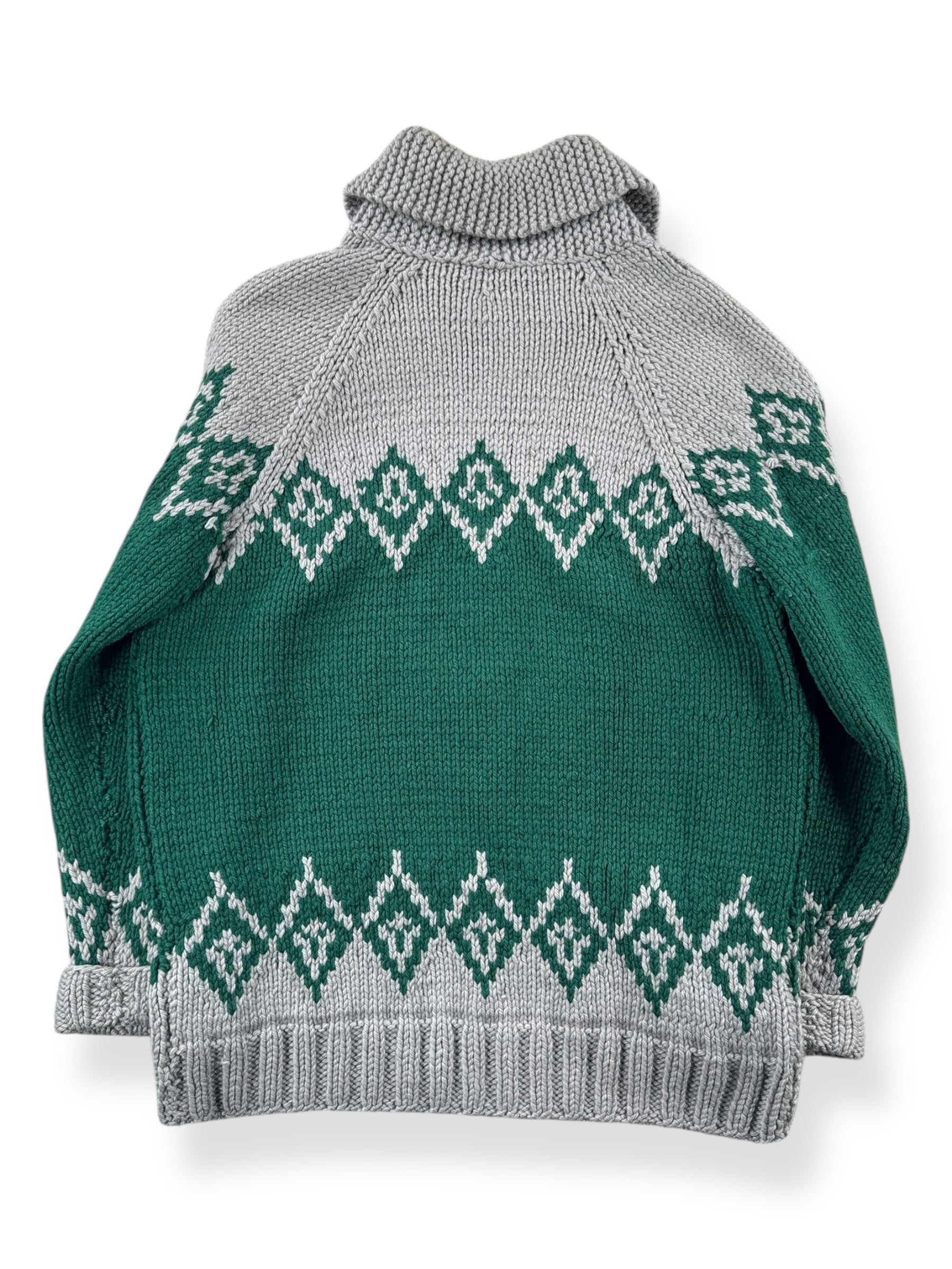 Back of Vintage Handmade Green & Tan Cowichan Style Sweater SZ M