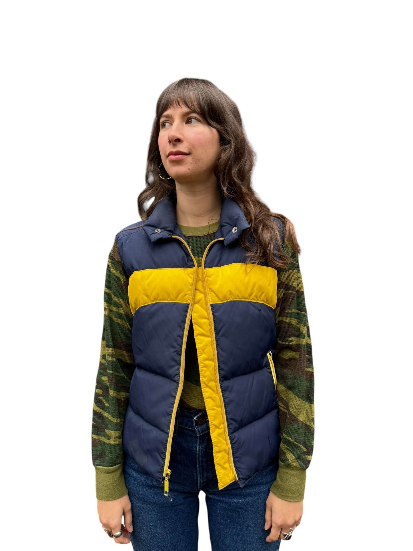 Front model view of 1970s Women's Mountain Goat by White Stag Puffer Vest M