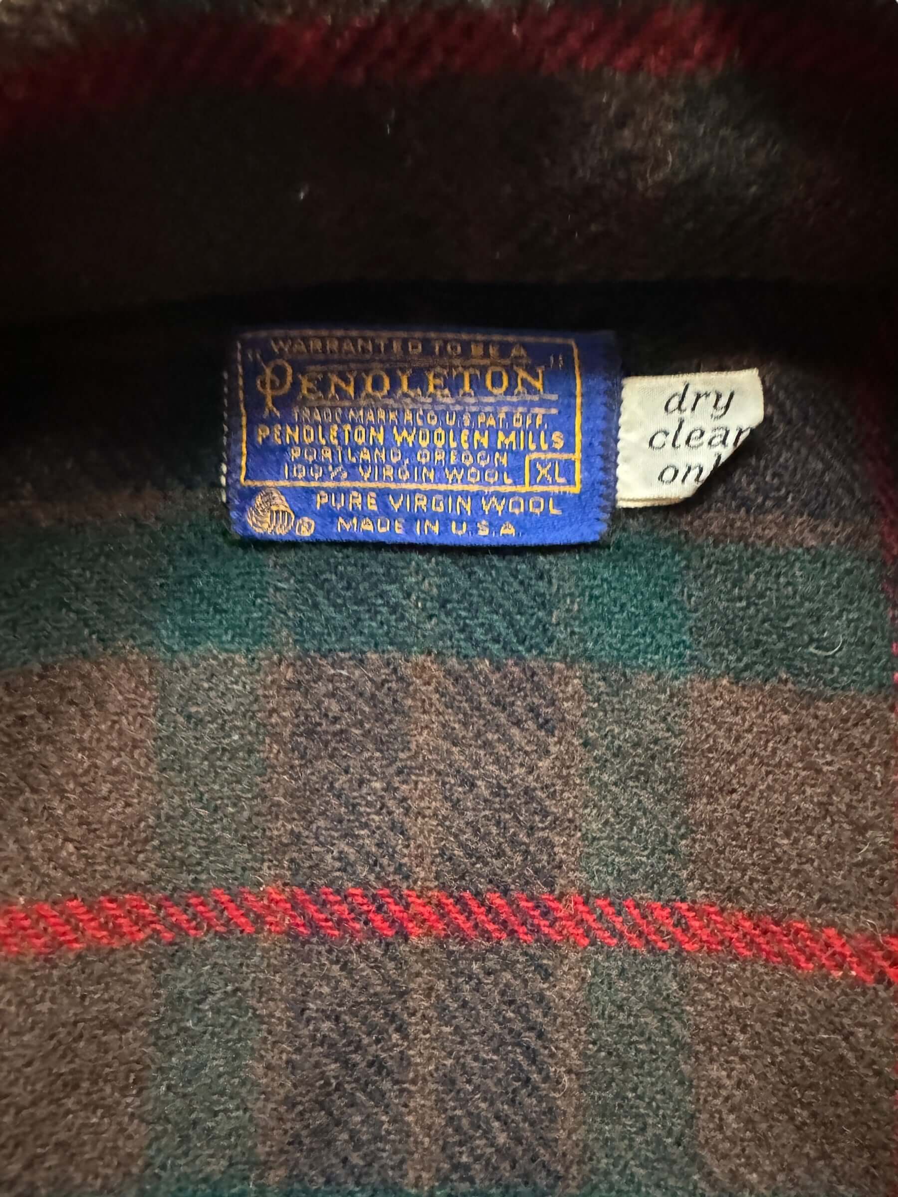 tag on Vintage Pendleton Wool Red/Brown/Green Plaid Jacket SZ XL