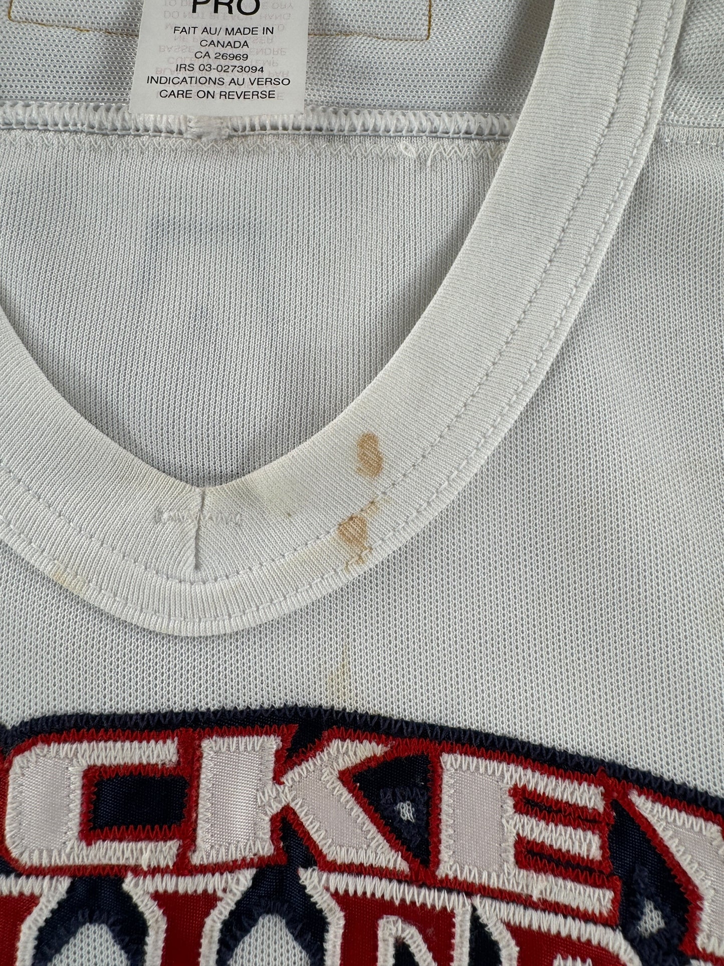 Stains on Vintage White 2000s Seattle Thunderbirds Hockey Challenge Game Worn Jersey SZ 56