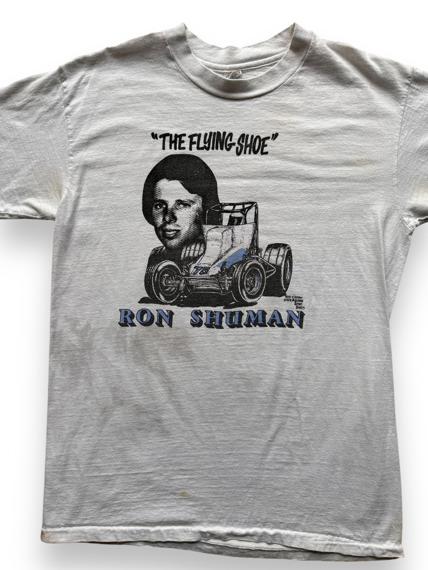 front close up of Vintage 1979 "The Flying Shoe" Racing Tee SZ M-L