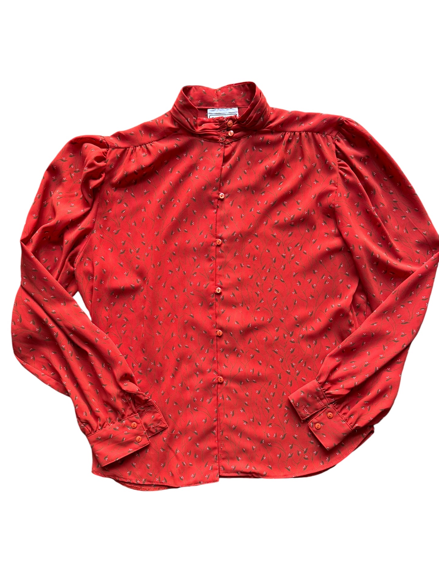 Front view of 1980s Campus Casuals Red Floral Blouse L
