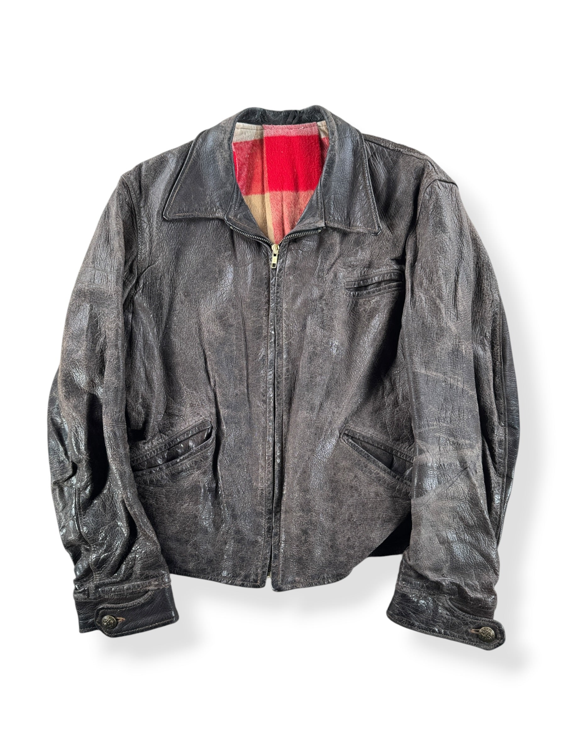 Front of Vintage Unbranded Flannel Lined Goatskin Leather Jacket SZ L