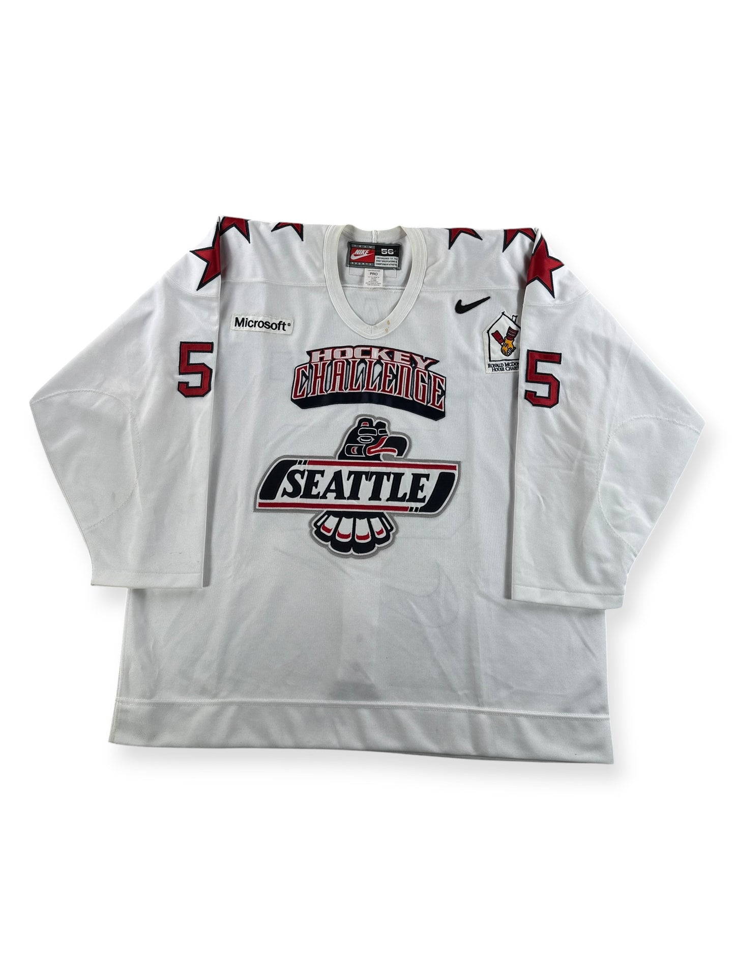 Front of Vintage White 2000s Seattle Thunderbirds Hockey Challenge Game Worn Jersey SZ 56