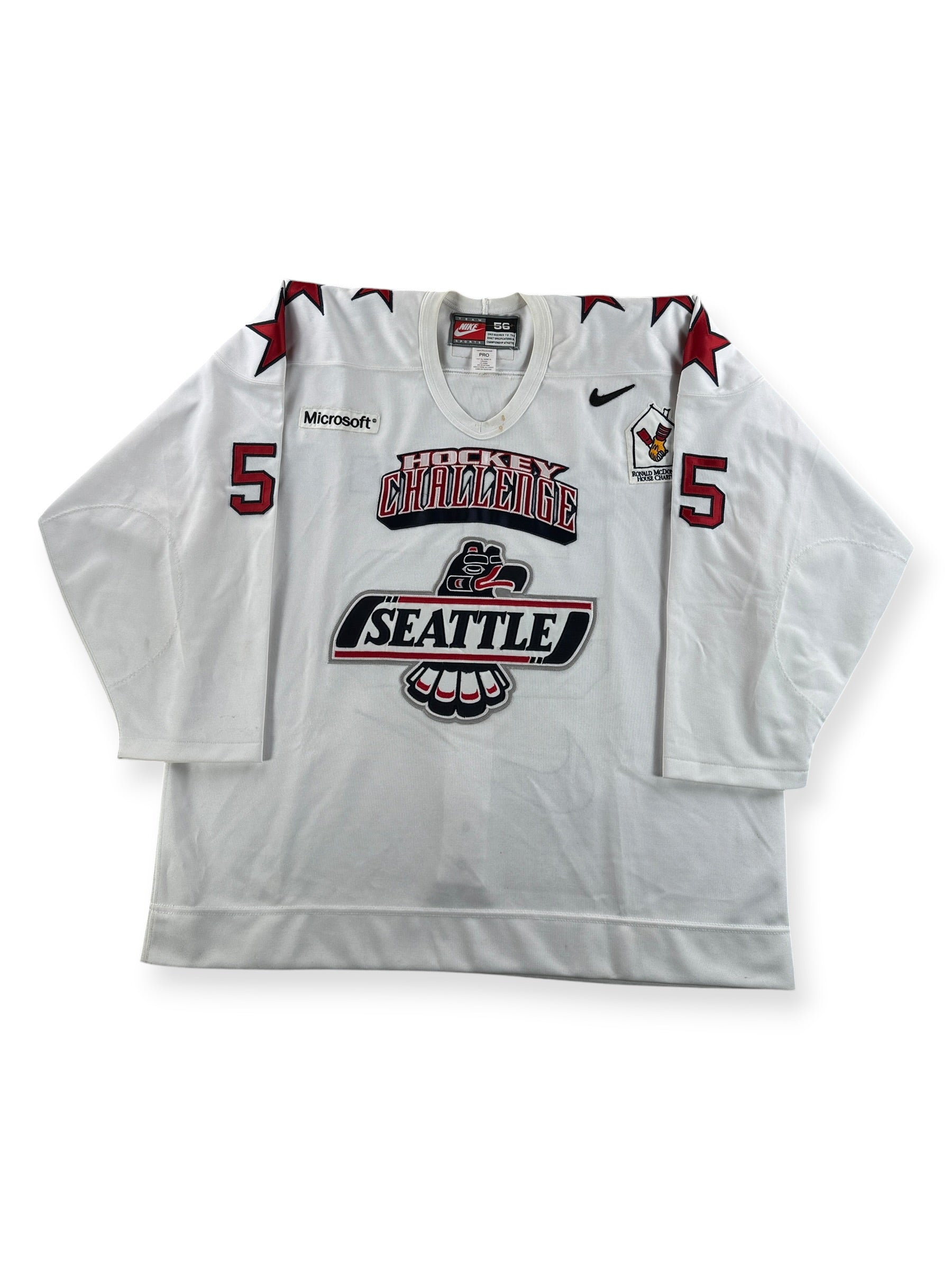 Front of Vintage White 2000s Seattle Thunderbirds Hockey Challenge Game Worn Jersey SZ 56