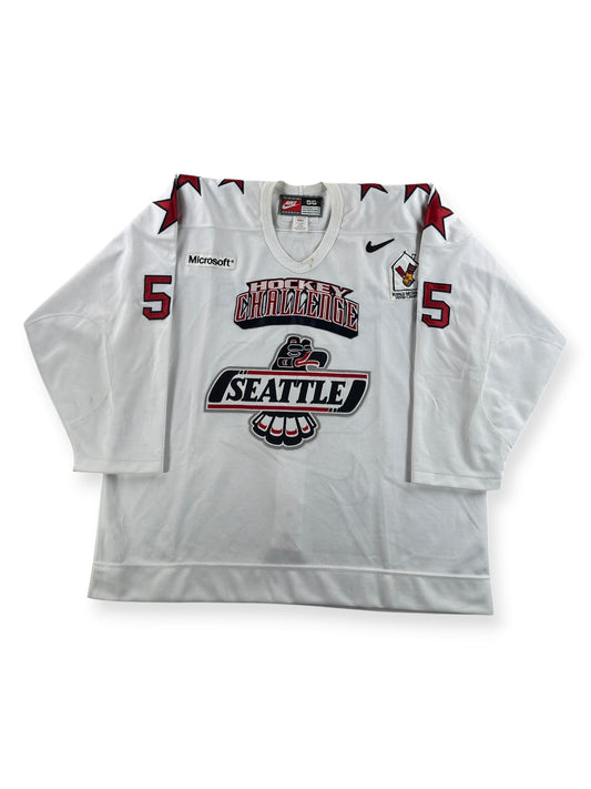 Front of Vintage White 2000s Seattle Thunderbirds Hockey Challenge Game Worn Jersey SZ 56