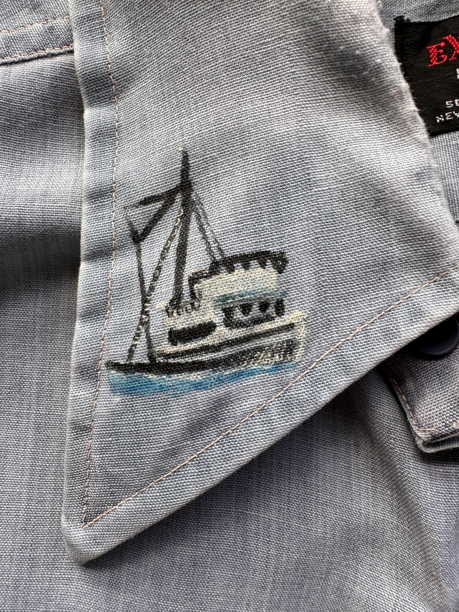 fishing boat design on Vintage Handpainted Alaskan Chambray Shirt SZ L