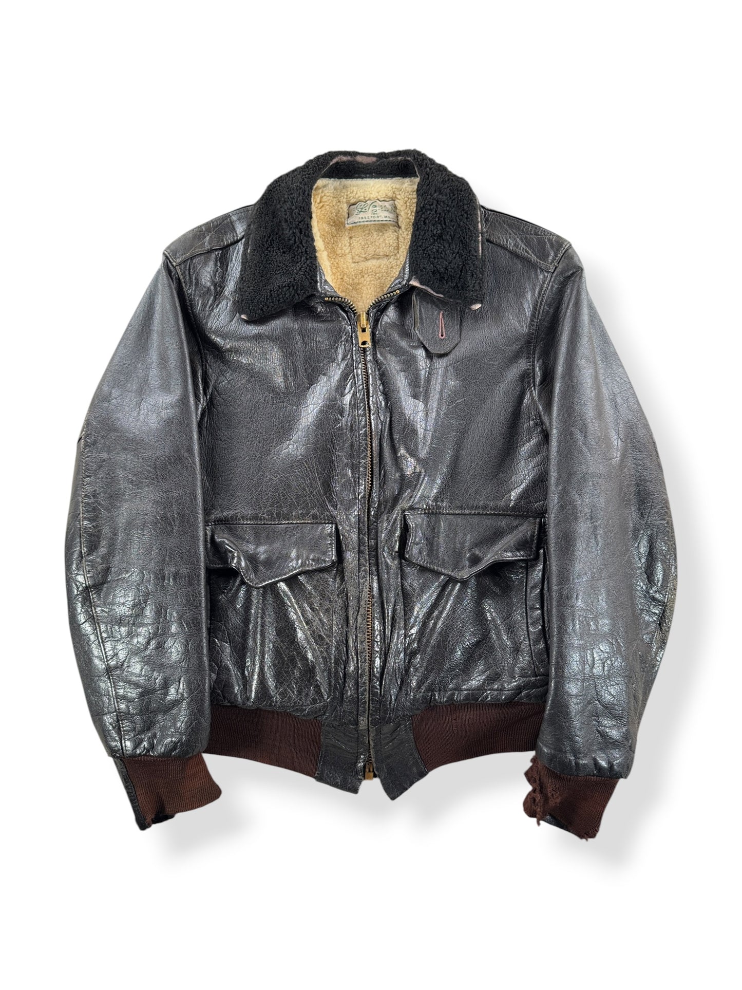 Front of Vintage LL Bean Script Era Lambskin G1 Style Leather Jacket SZ M