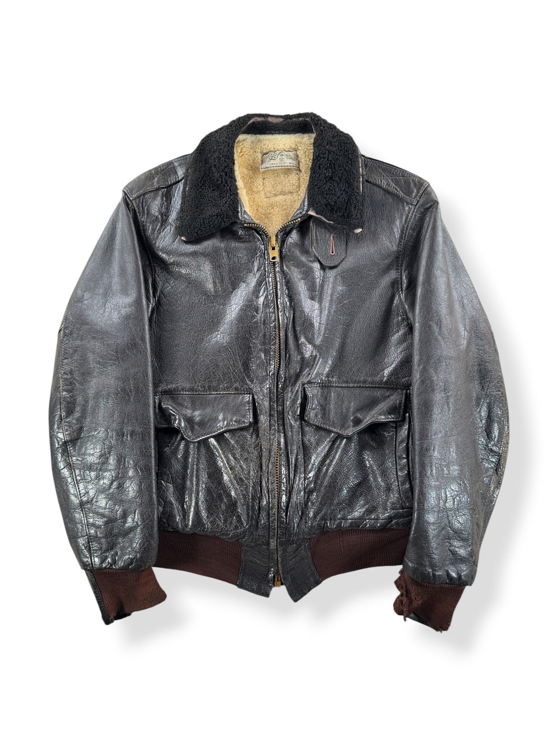 Front of Vintage LL Bean Script Era Lambskin G1 Style Leather Jacket SZ M