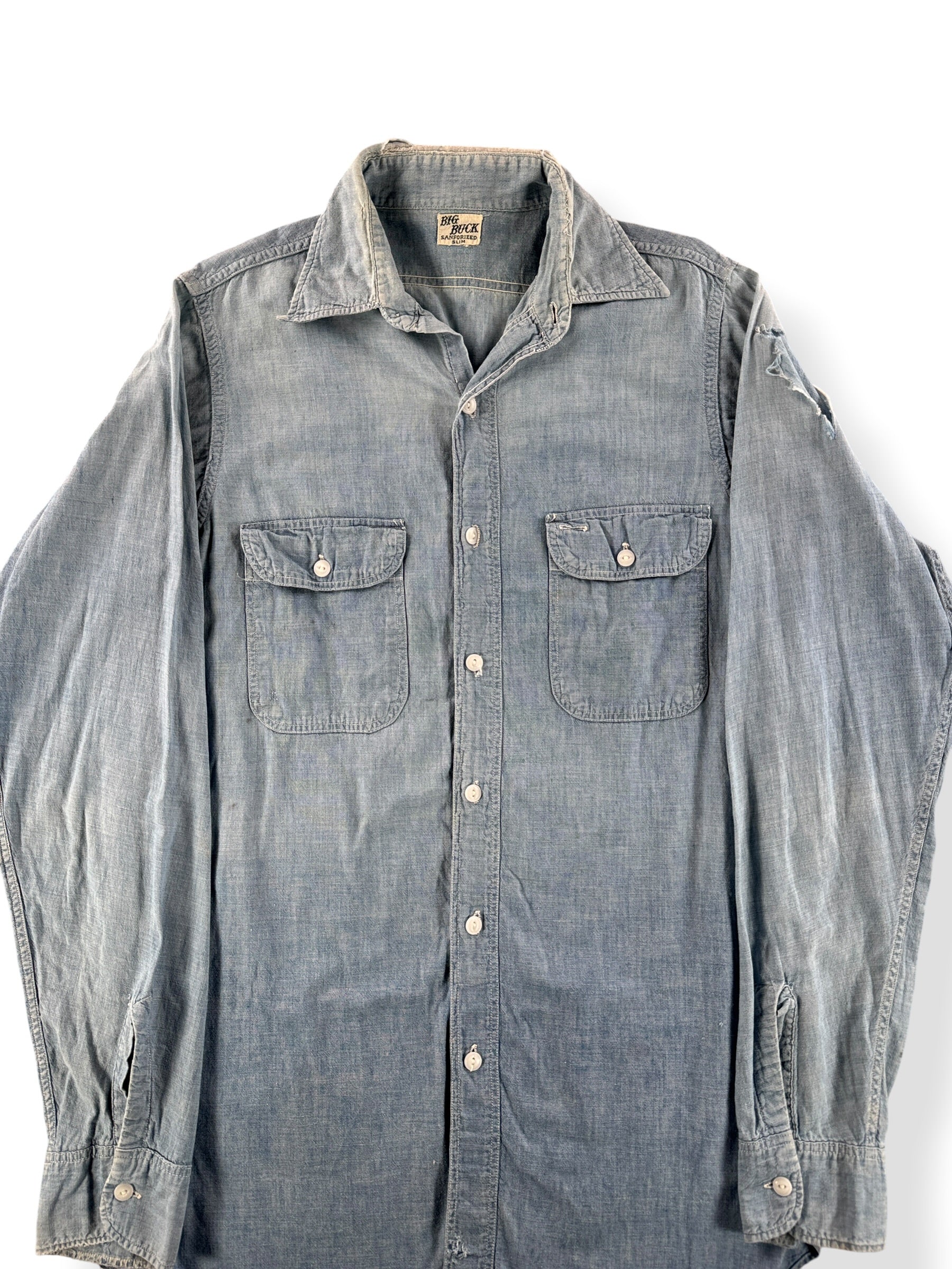 Front Close Up of Vintage Big Buck Chambray Work Shirt SZ M