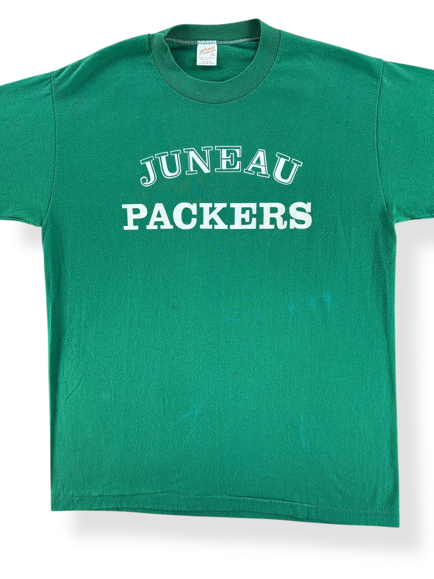 Front Close Up of Vintage Green Juneau Packers Tee SZ M