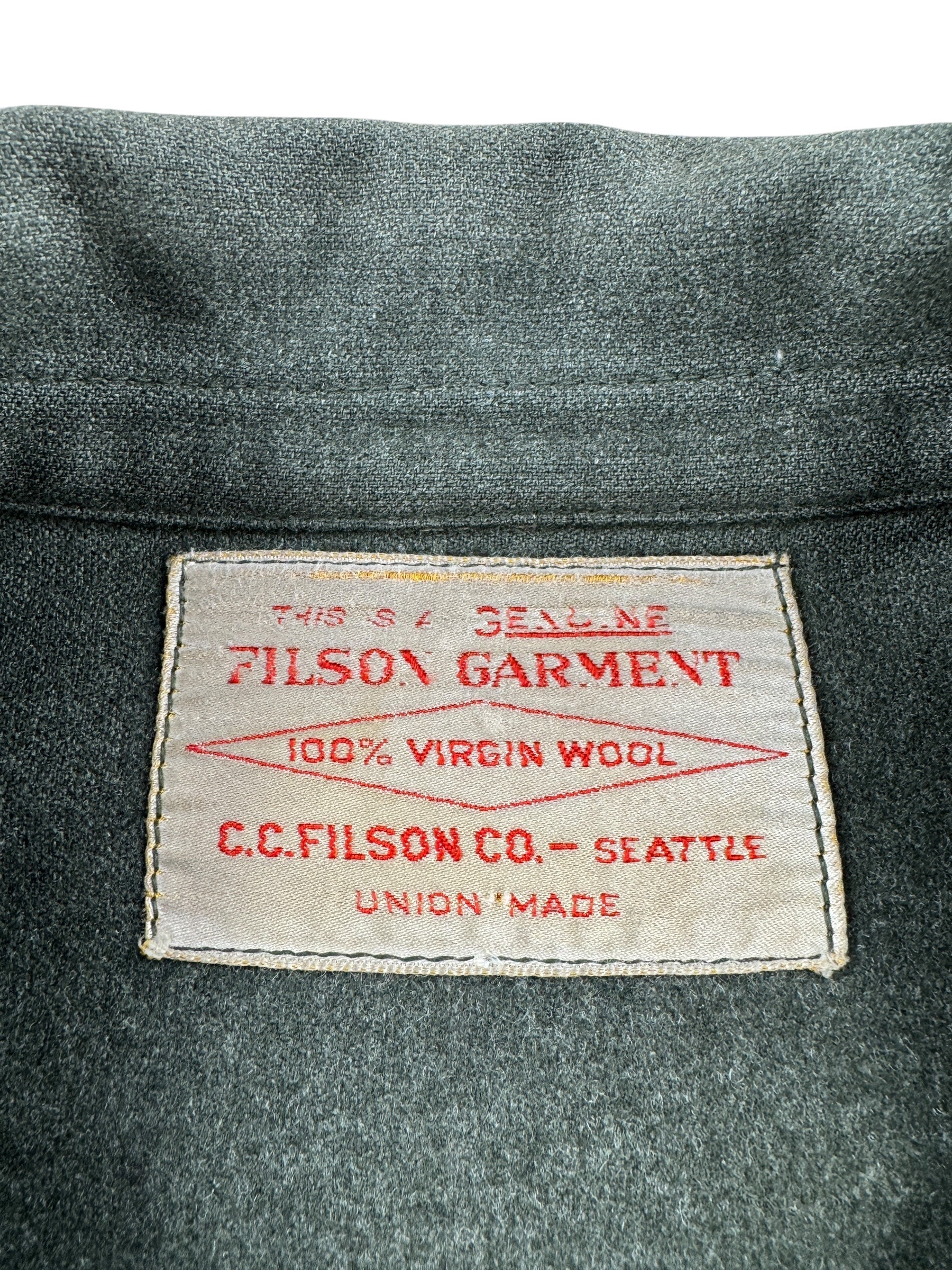 Label on Vintage Filson Union Made Forestry Cloth Cruiser SZ 44
