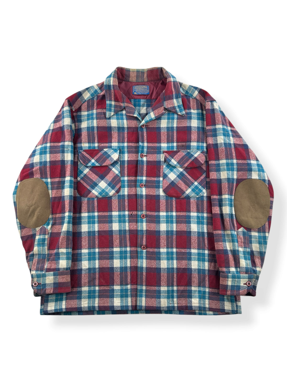 Front of Vintage Pendleton Maroon Plaid Board Shirt W/ Elbow Pads SZ L - AS IS