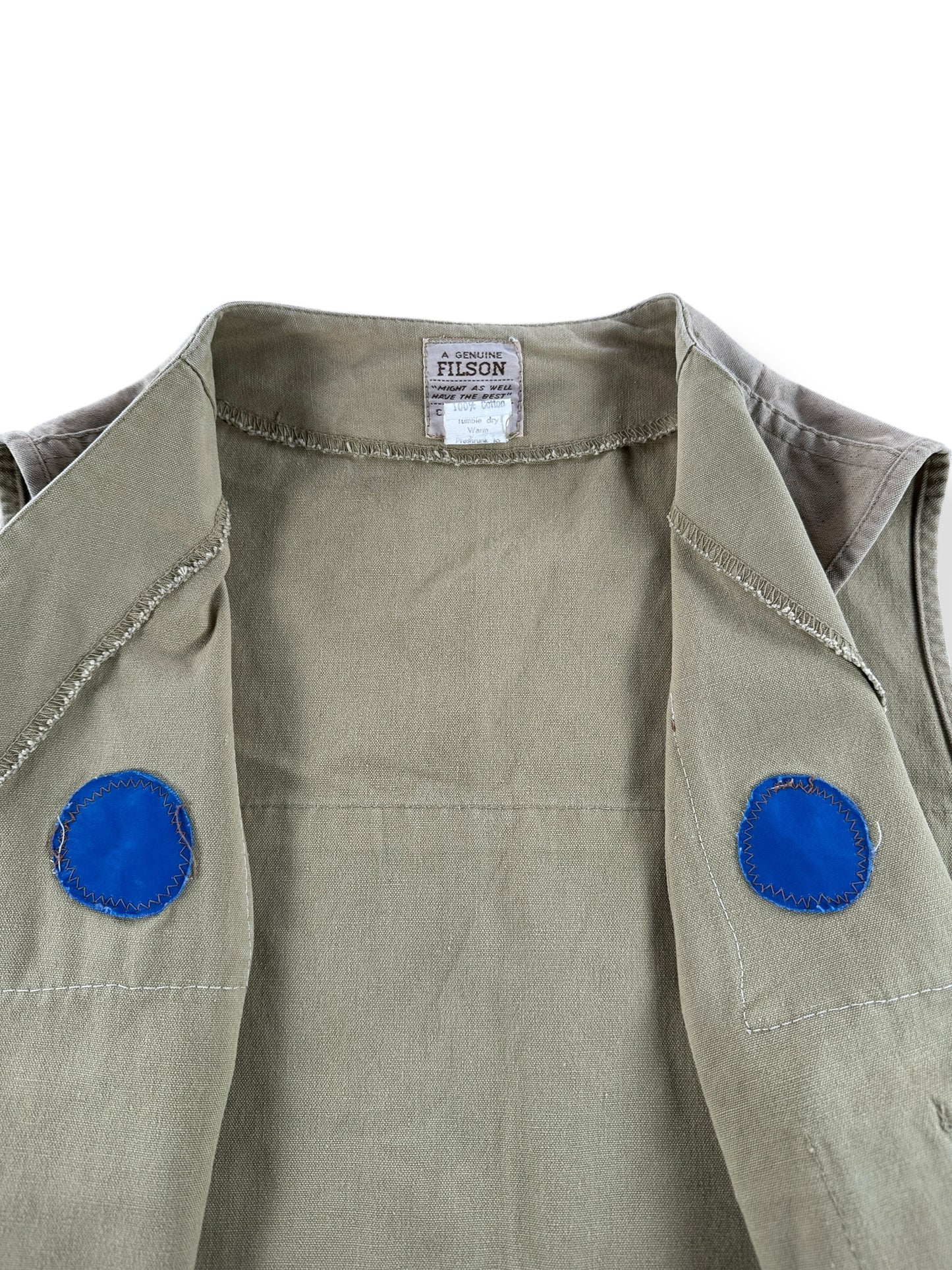 Patches on Vintage Filson Style 8 Tin Cloth Vest W/ Custom Pockets & Grommets SZ 38