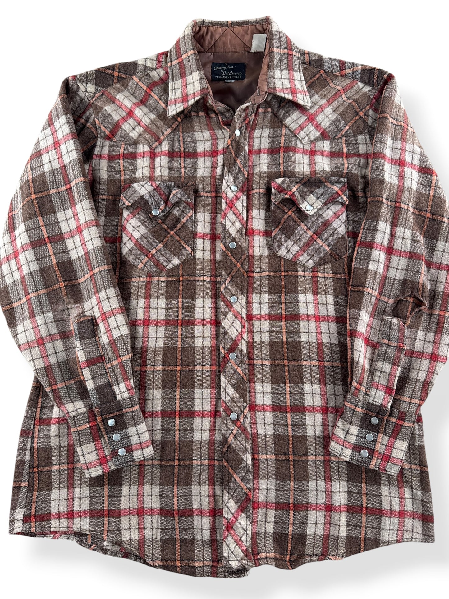 Close-up of Vintage Champion Westerns Wool Flannel Pearlsnap SZ 16 1/2 - AS IS