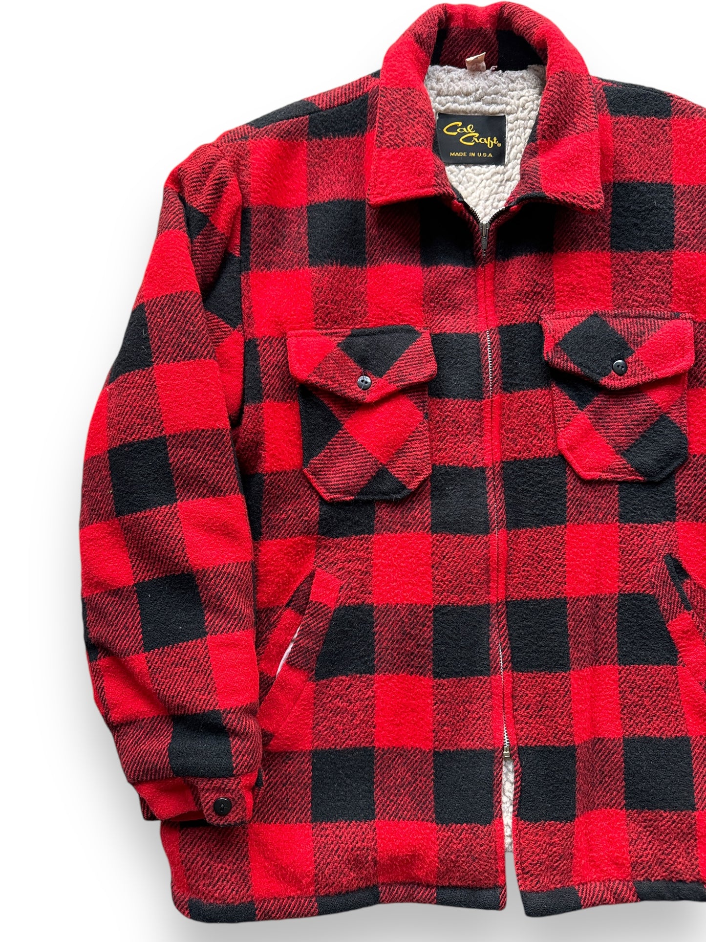 front right of Vintage Cal Craft Fleece Lined Buffalo Plaid Jacket SZ XL