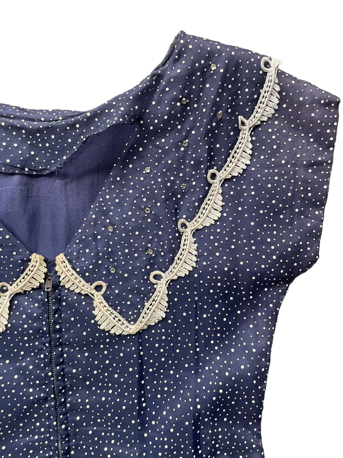 Back right shoulder view of Vintage 1940s Navy Blue Swiss Dot Dress |  Barn Owl Vintage Dresses | Seattle Vintage Ladies Clothing