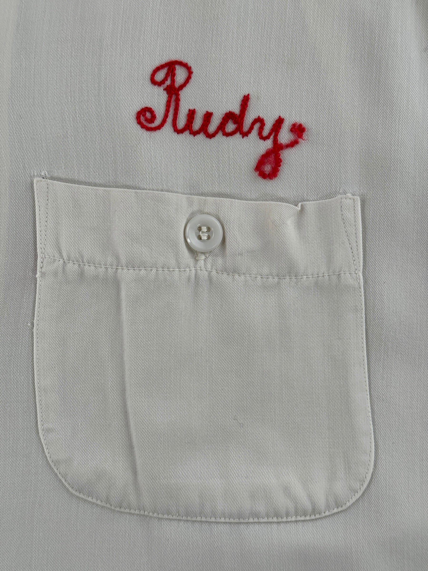 Pocket and chainstitched name on Vintage Hasbro Chain Stitched Rayon Bowling Shirt SZ L