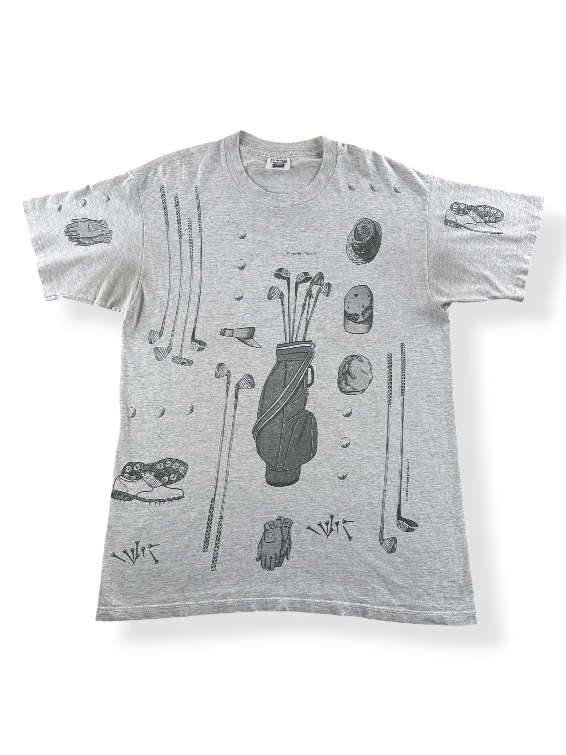 Front of Vintage Rel-e-vant Golf AOP Tee SZ L