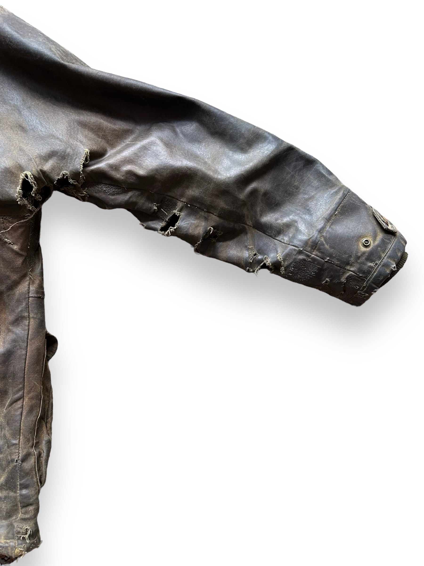 Rear Right Sleeve Repairs on Filson Nasty Boy Tin Cloth Field Jacket SZ 42 |  Filson Tin Cloth Jacket | Vintage Workwear Seattle