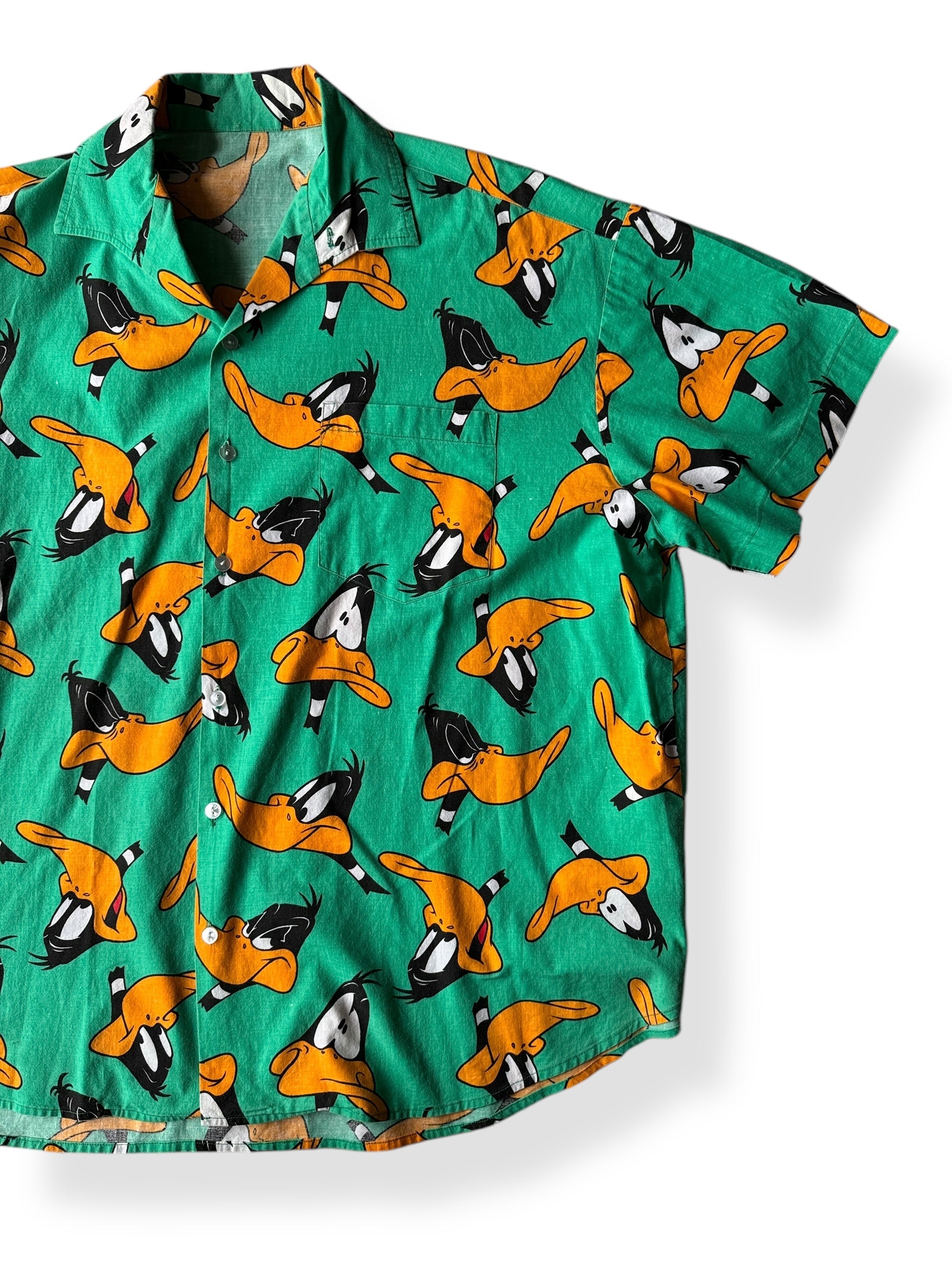 Front Left of Vintage Green Daffy Duck Button Up SZ XXL