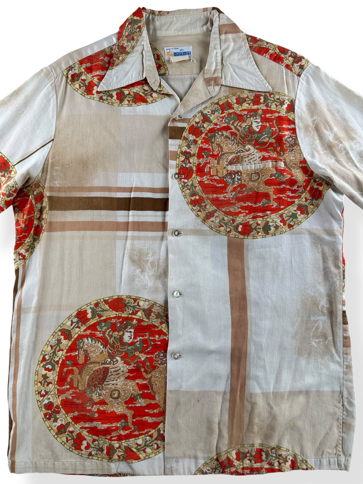 Close-up of Vintage Andrade Warrior God Motif Aloha Shirt SZ L