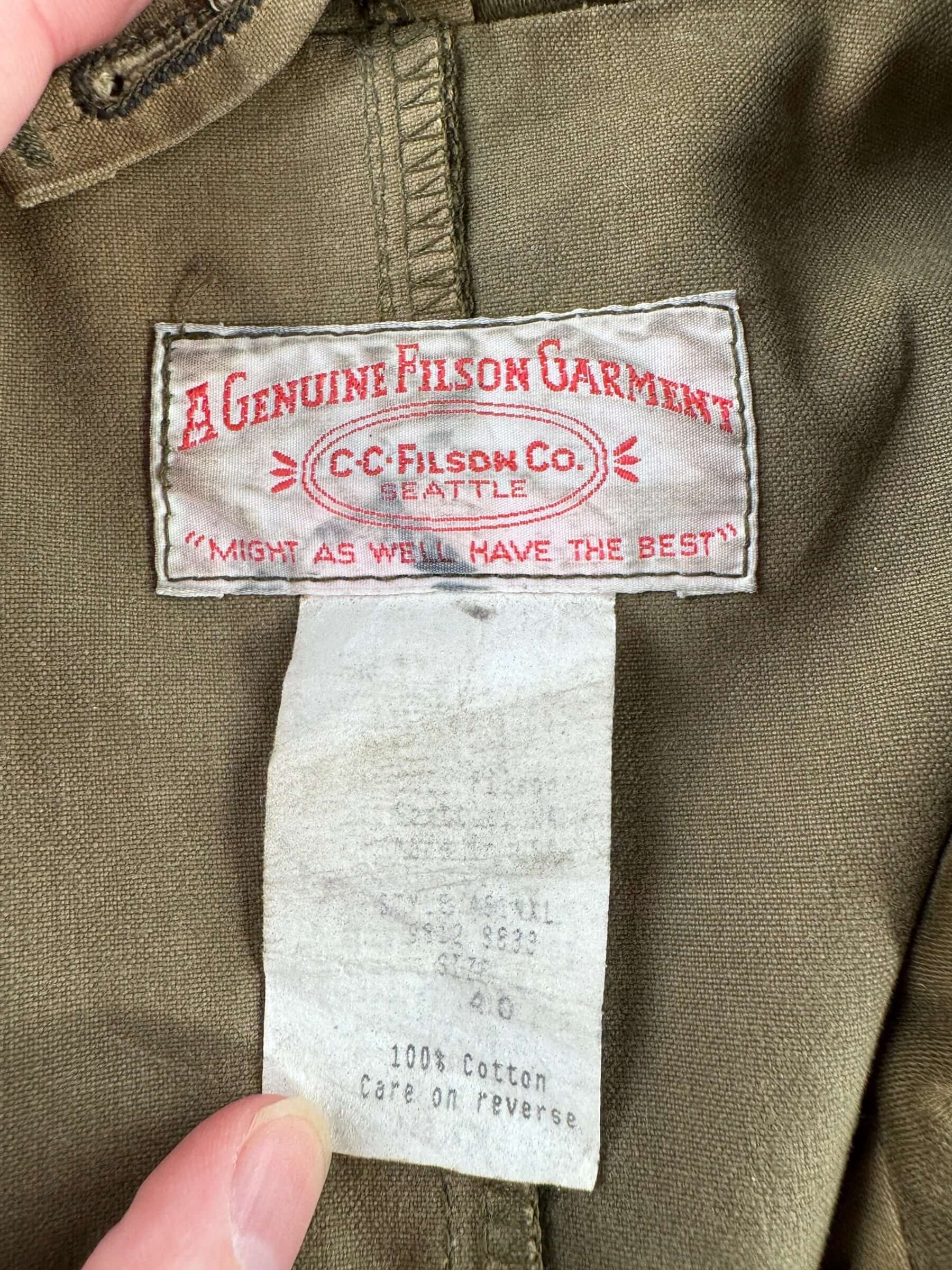 Label on Vintage Filson Shelter Cloth Packer Coat SZ 40 AS IS