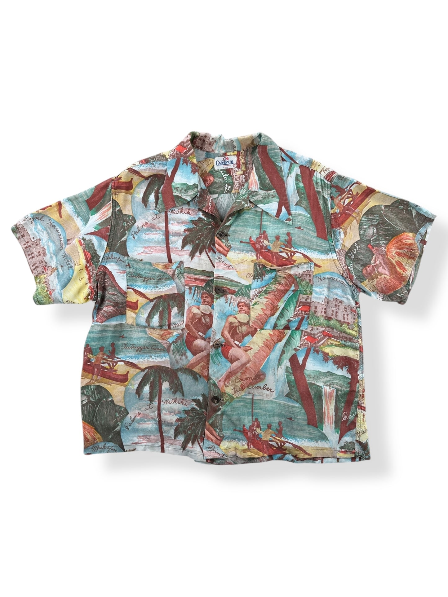 Front of Vintage Campus Photo Aloha Shirt SZ M