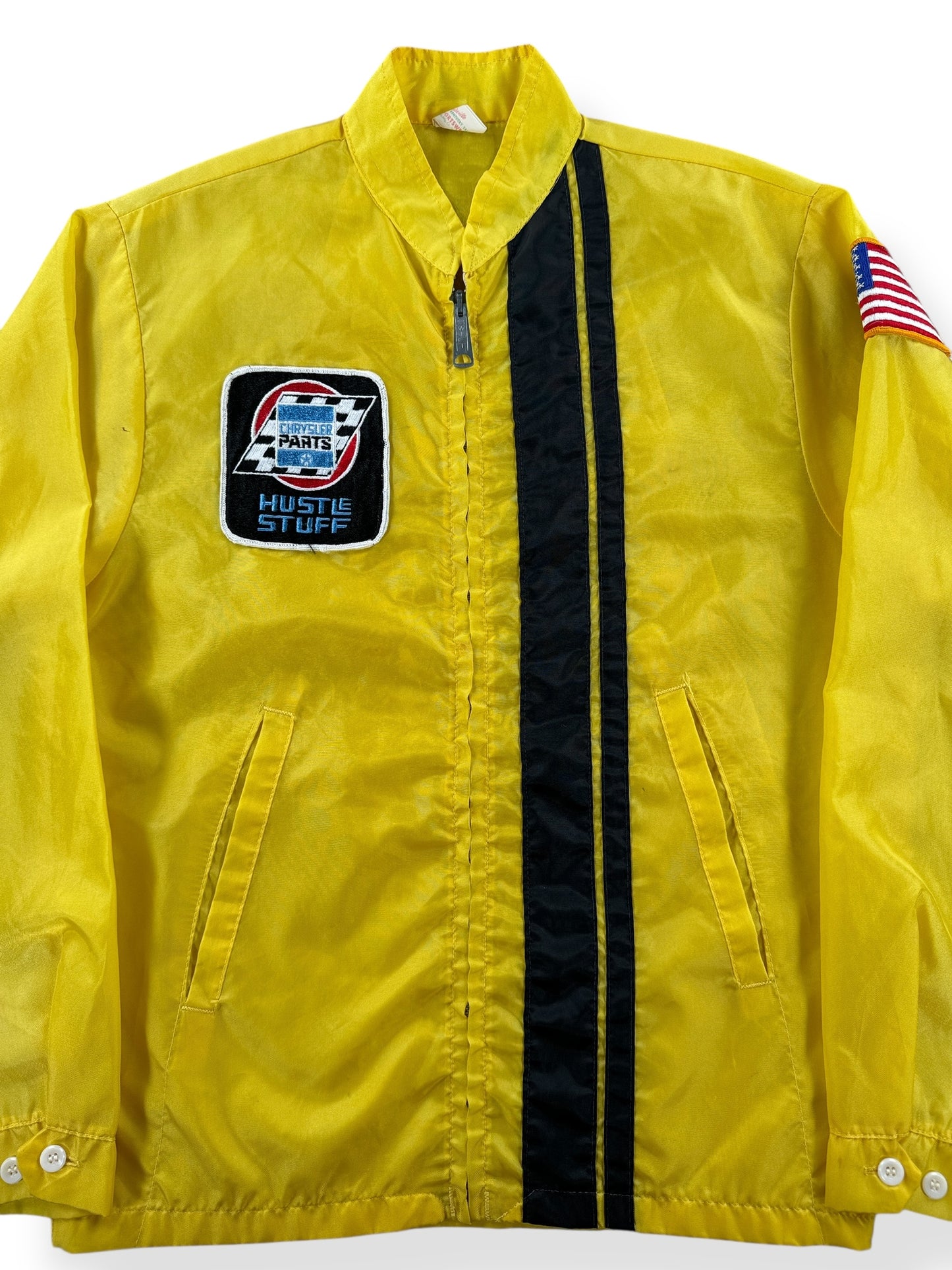 Front Close Up of Vintage Chrysler Yellow Racing Jacket SZ S