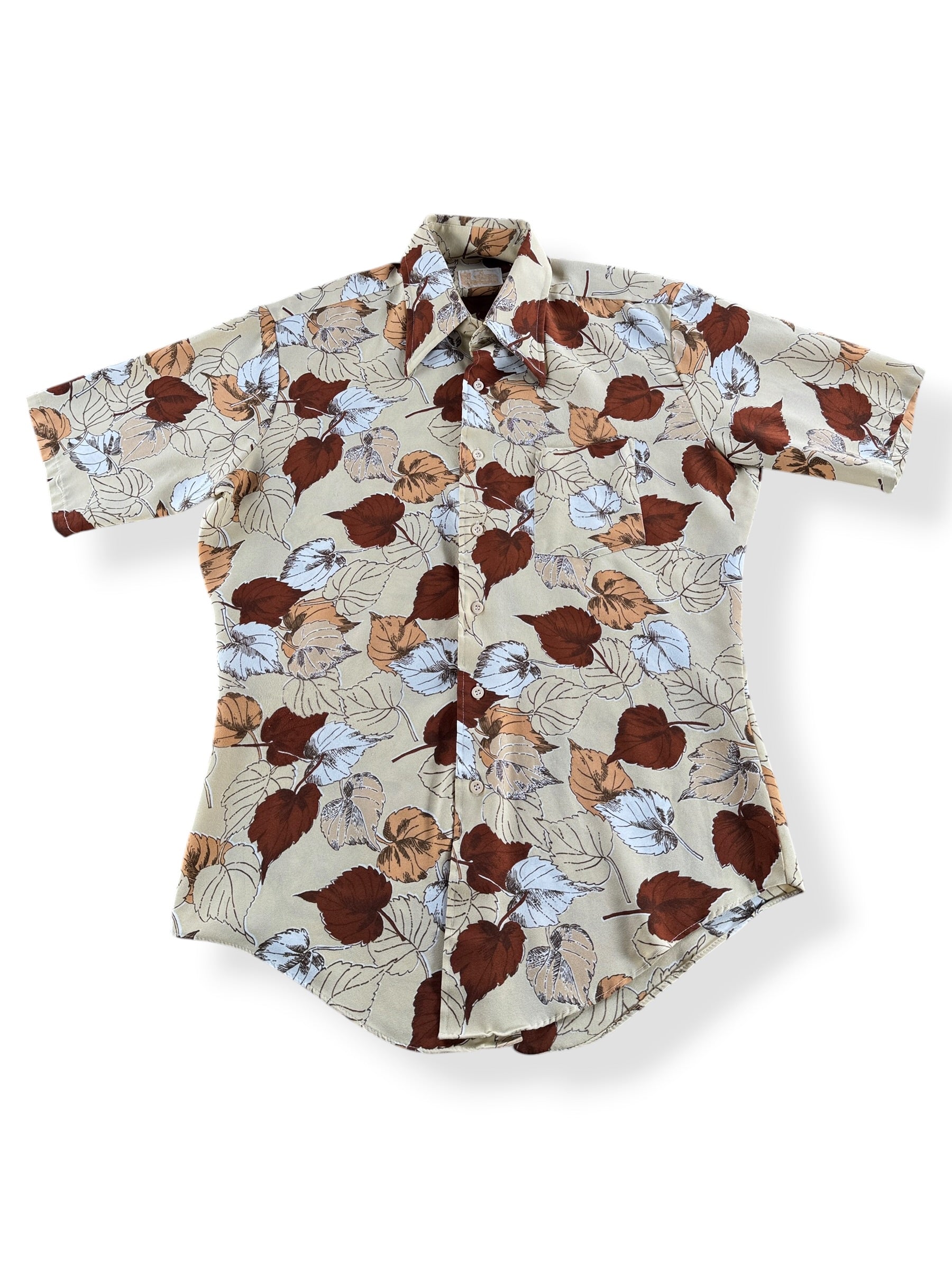 Front of Vintage Kings Road Polyester Leaf Pattern Shirt SZ L