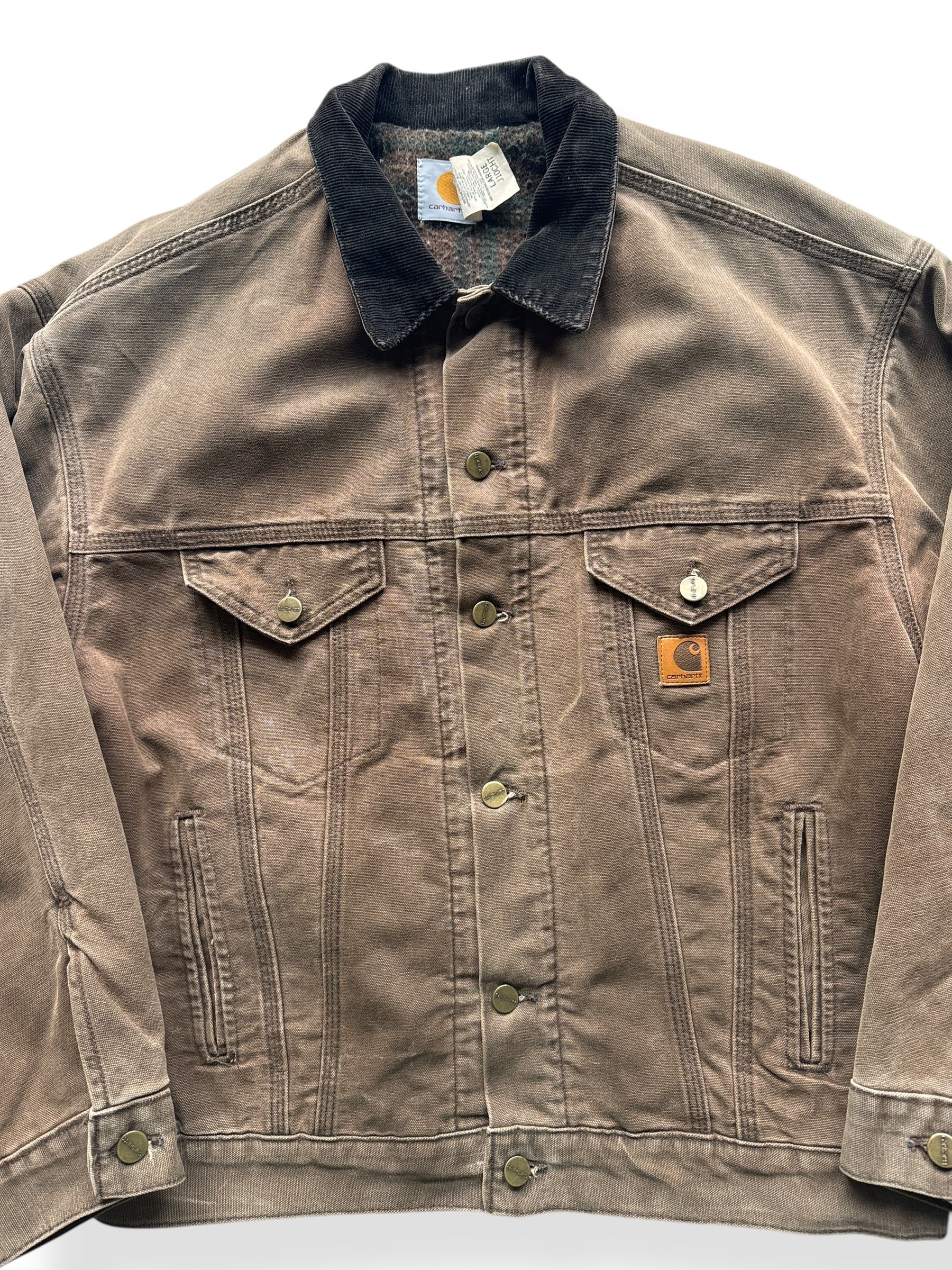Front Close Up of Vintage Brown Carhartt Blanket Lined Trucker Jacket SZ L