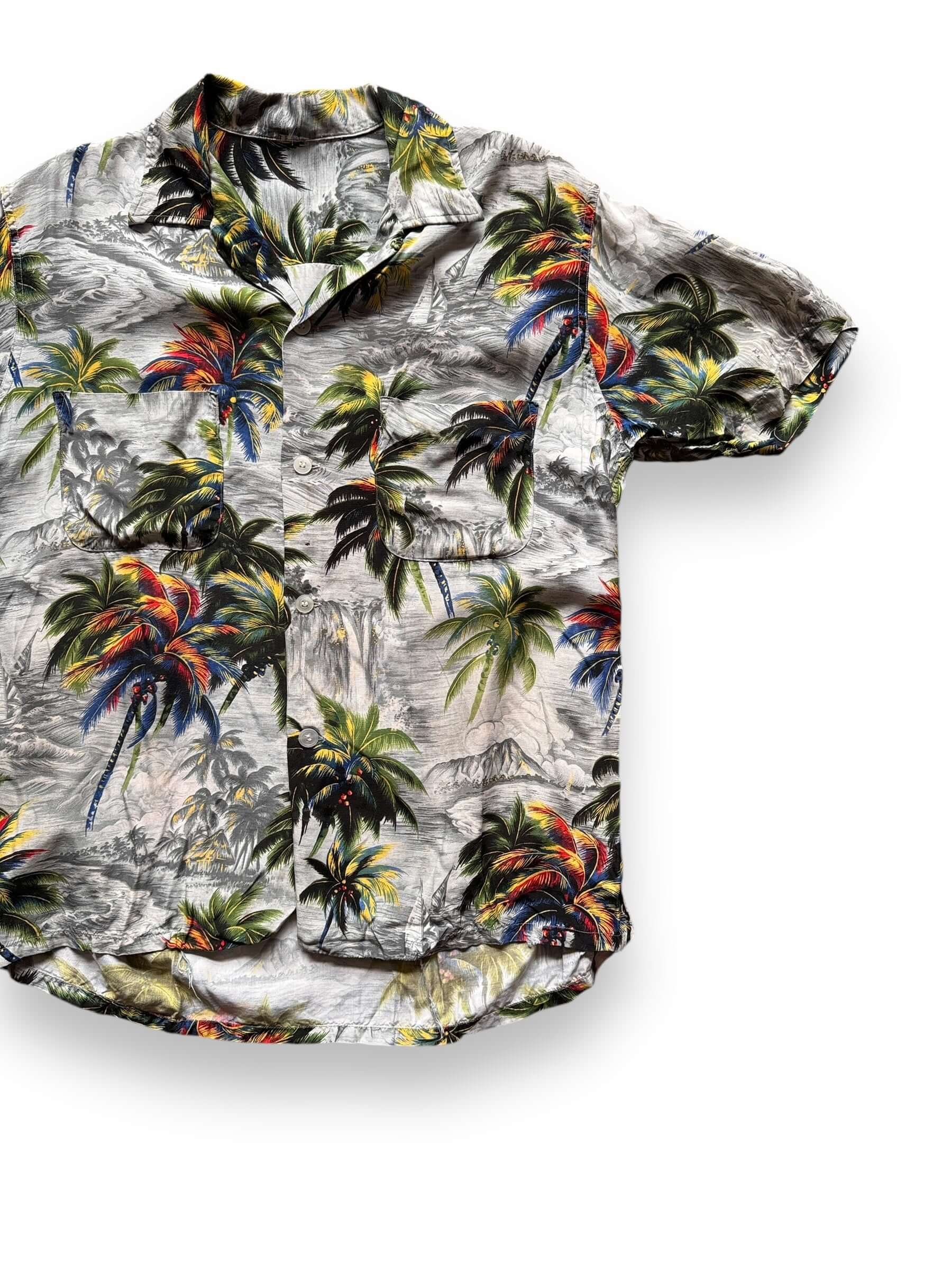 Front Left View of Vintage Tropical Tree Themed Aloha Shirt SZ M