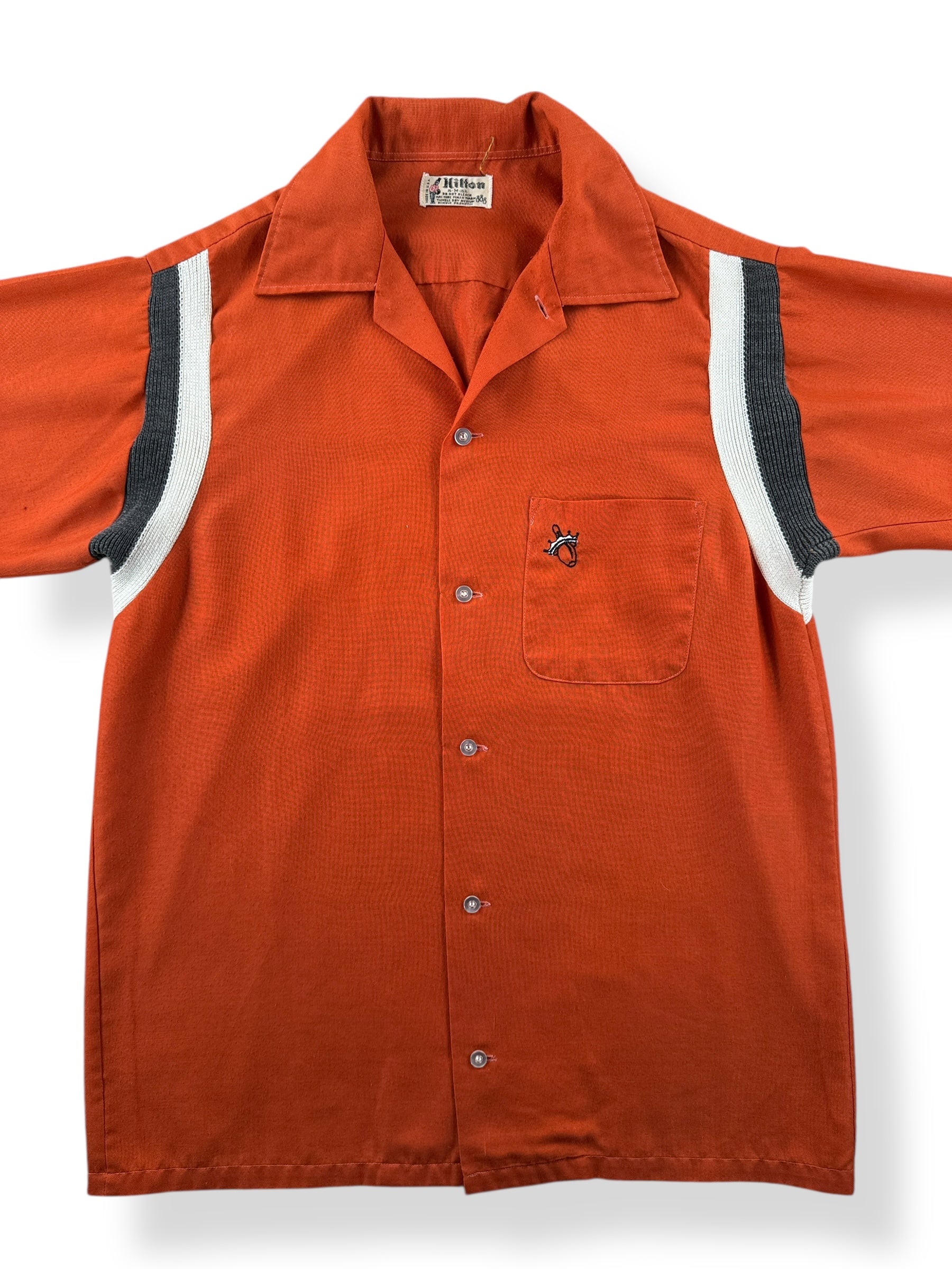 Front Close Up of Vintage Hilton Burnt Orange Bowling Shirt SZ M