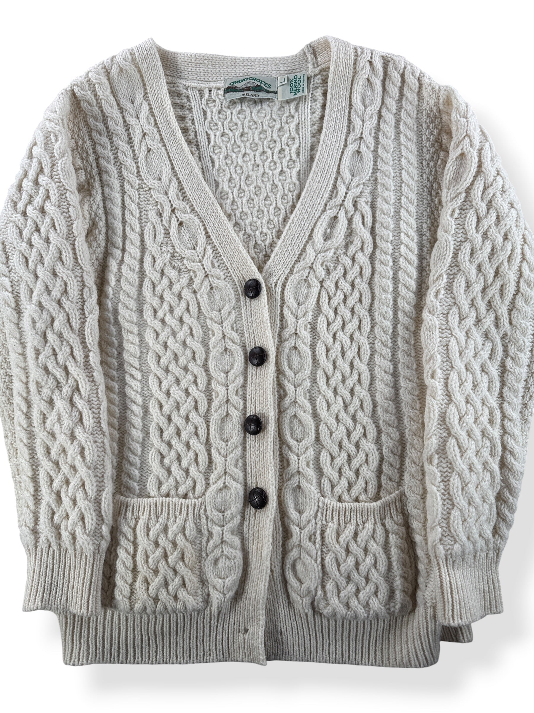 Front Close Up of Vintage 90s Aran Cardigan SZ L (Fits M)