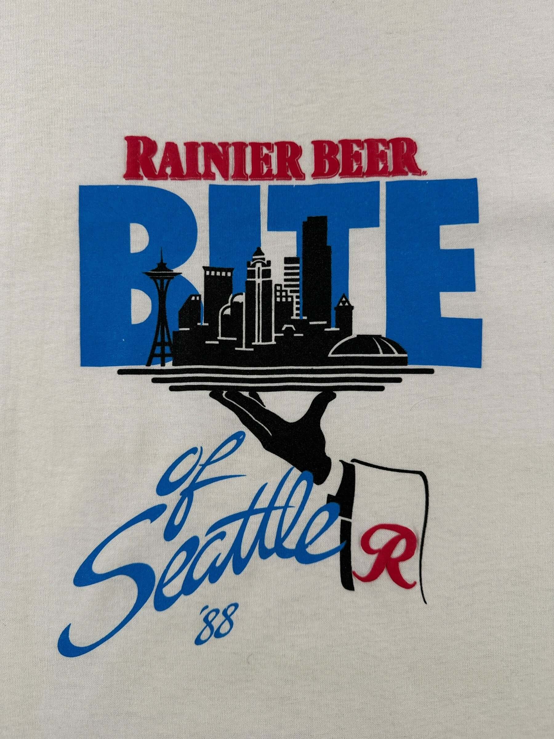 Graphic of Vintage 1988 Bite of Seattle Rainier Beer Tee SZ XL