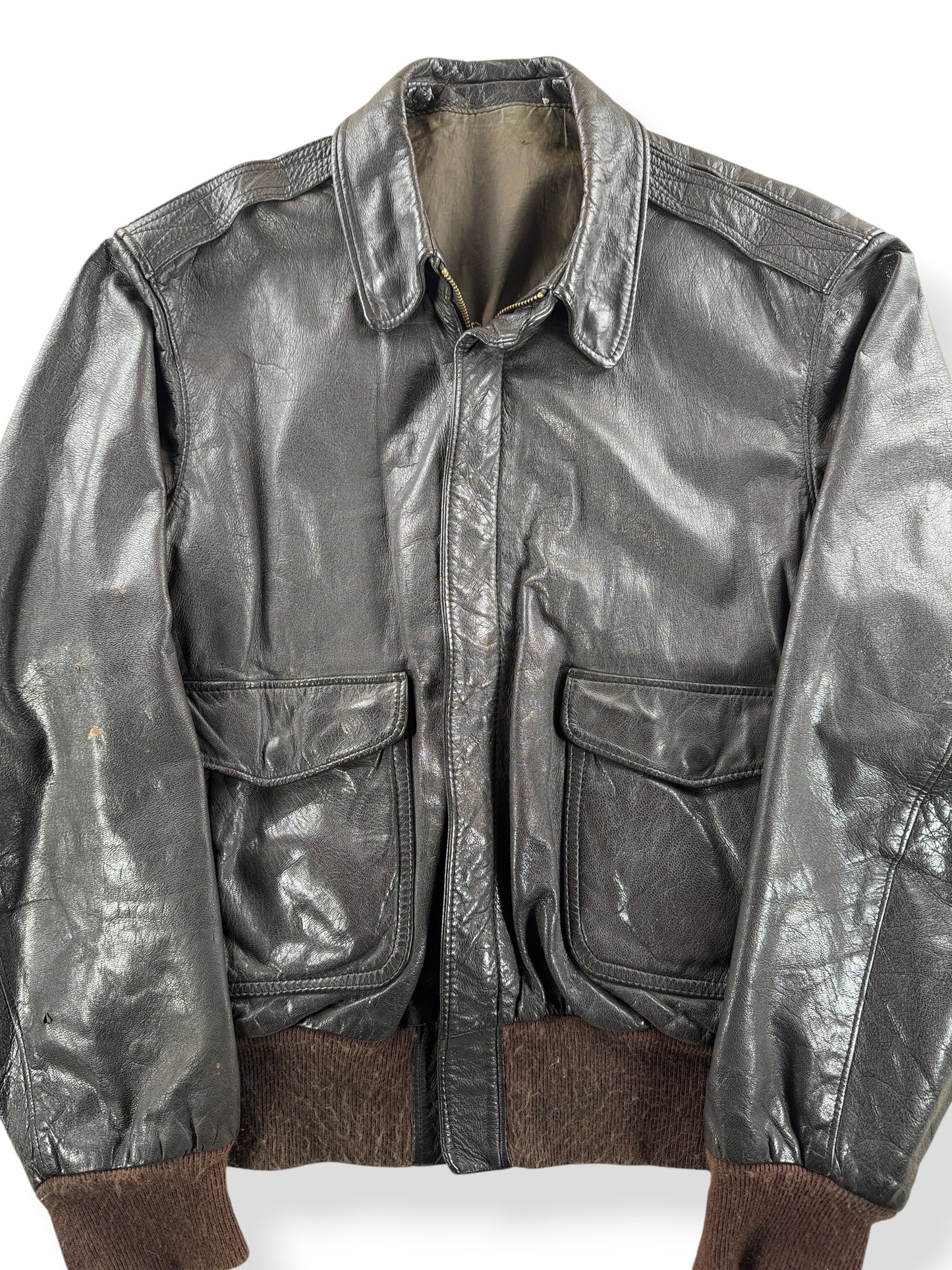 Front Close Up of Vintage A-2 Style Leather Bomber Jacket SZ 44 AS IS