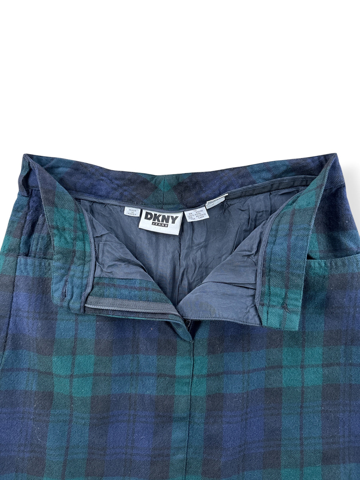 Open zipper on front of Vintage DKNY Wool Plaid Skirt W30