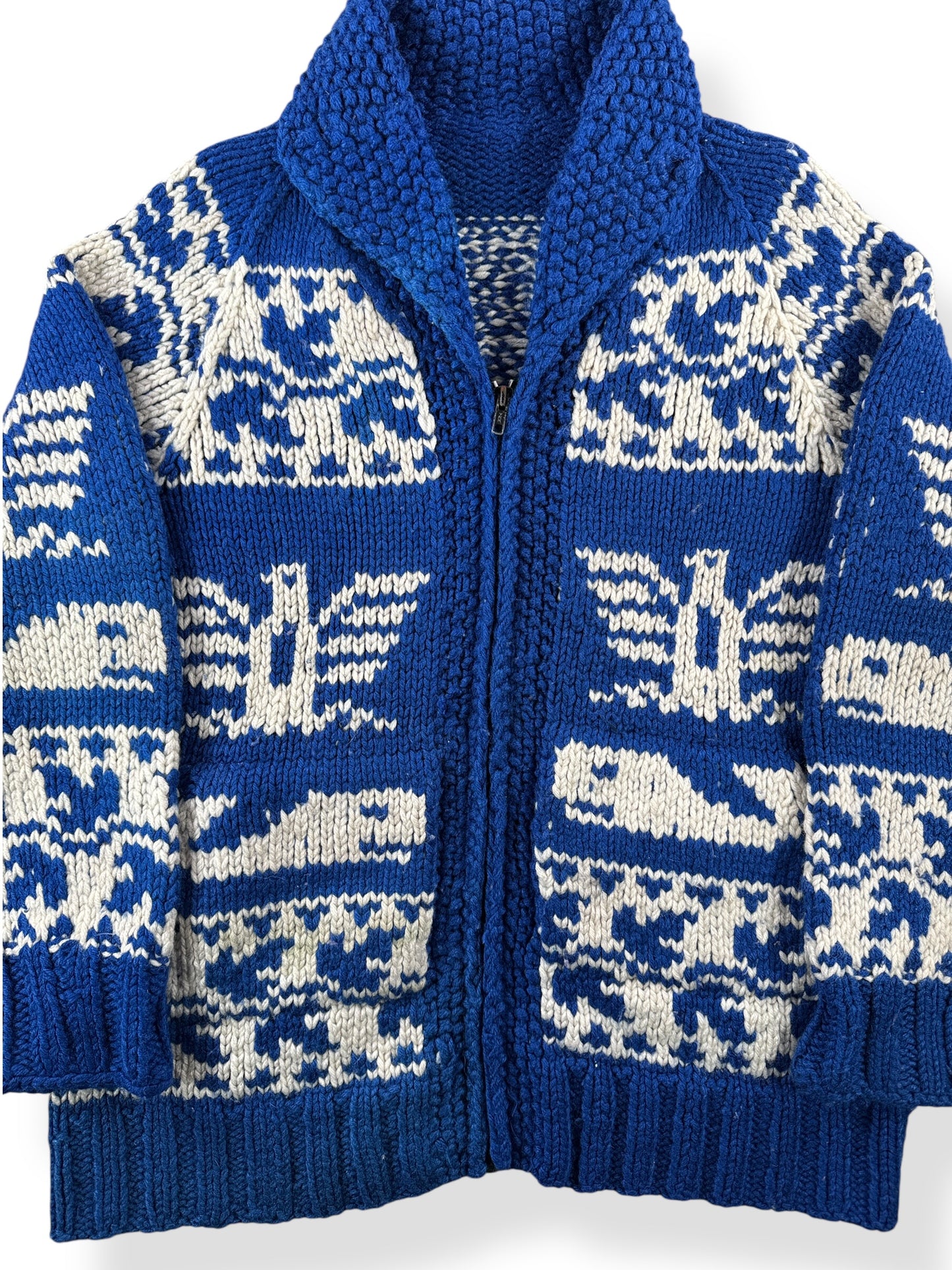 Front Close Up of Vintage Thunderbird Cowichan Style Sweater SZ L