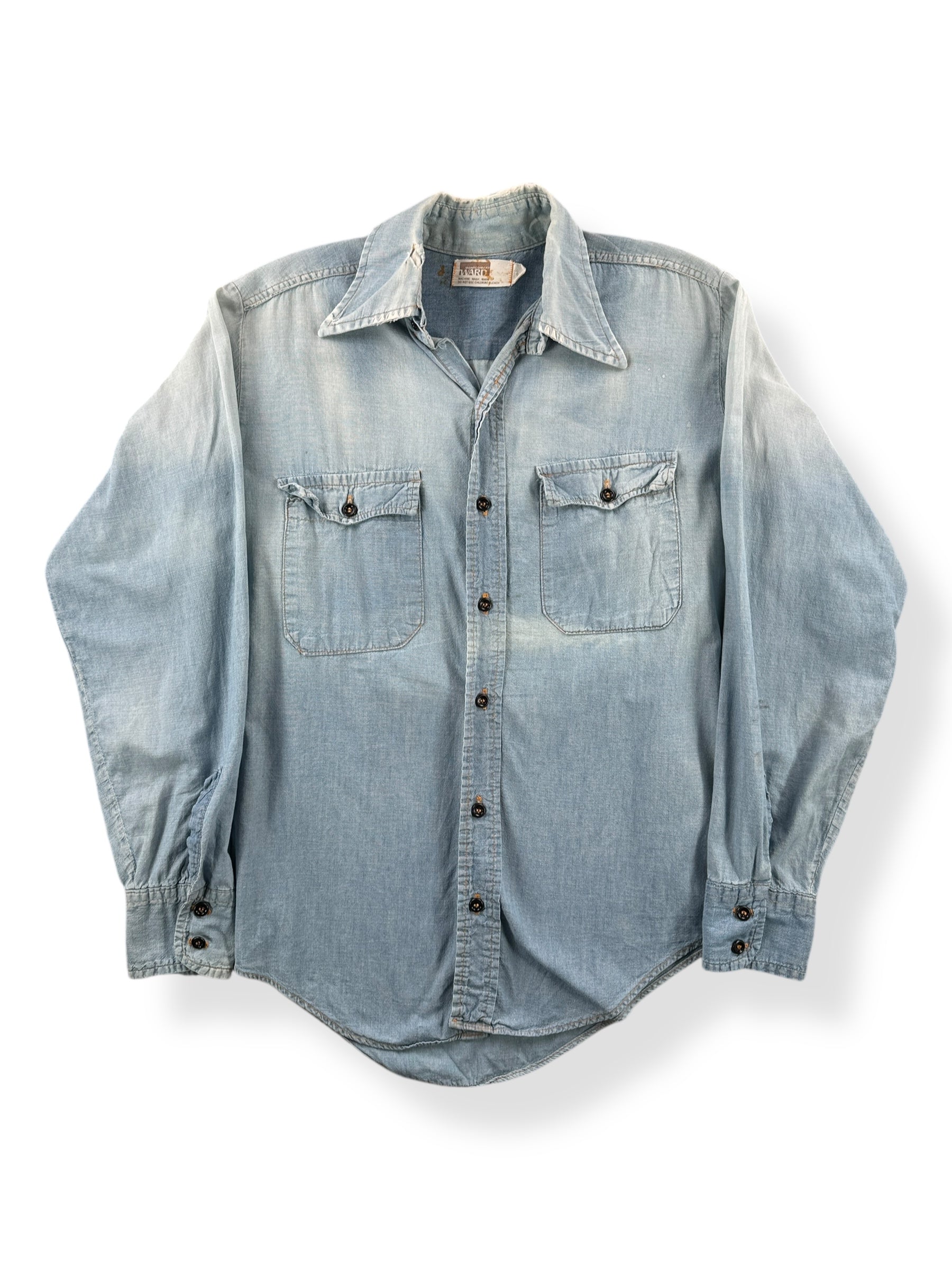 Front of Vintage Montgomery Ward Suspender Fade Chambray Shirt SZ L