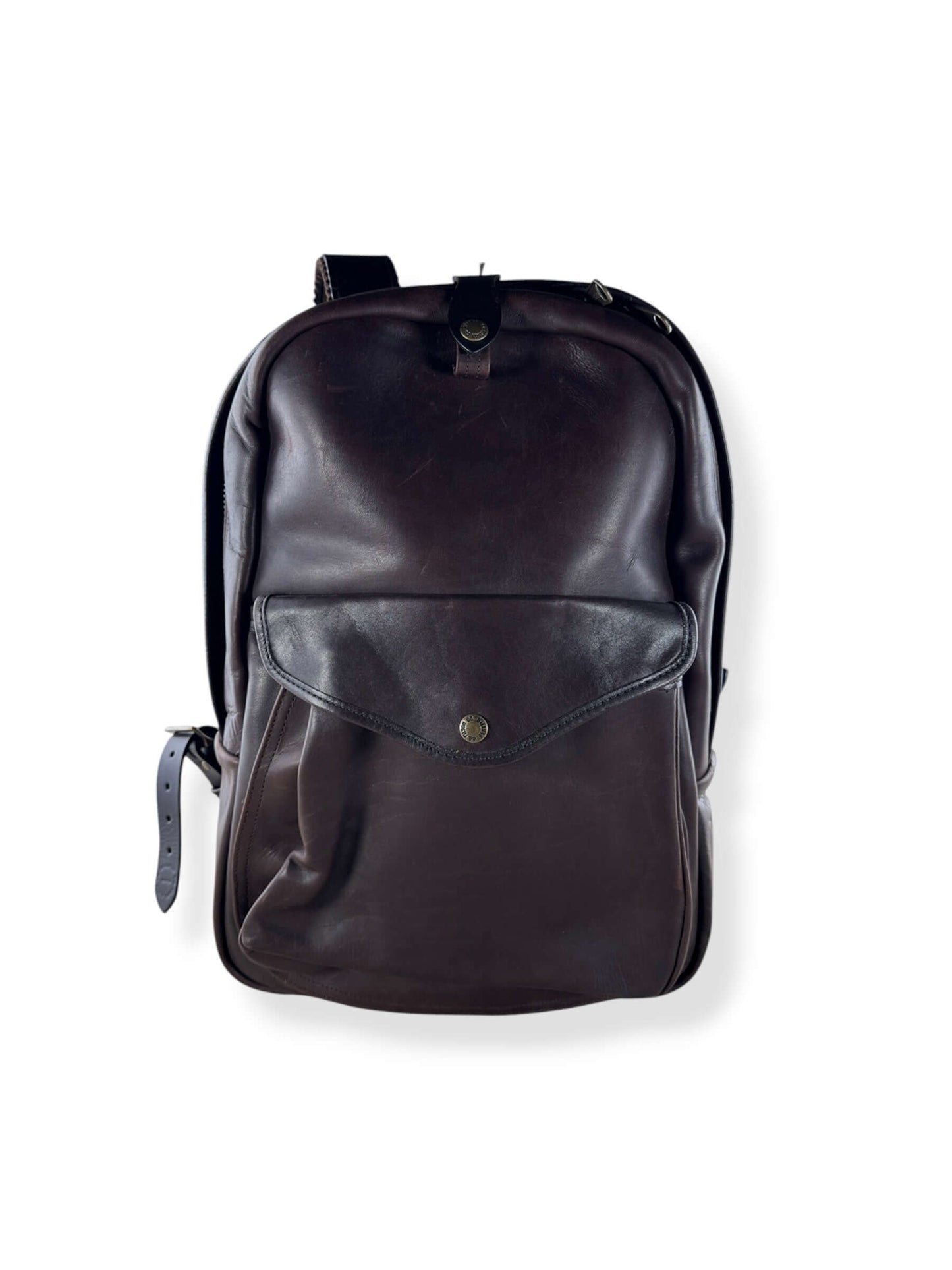 Front of Filson Weatherproof Sierra Brown Leather Journeyman Backpack